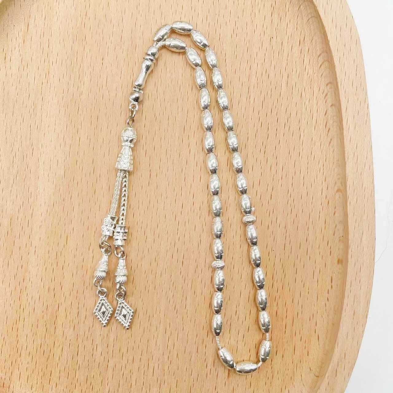 Aymasal Perlenkette 33 Perlen je 4x7mm Gebetskette Tesbih Tasbih Metall Kette nur 30 gramm, Sehr leicht, Reiskornform Perlen