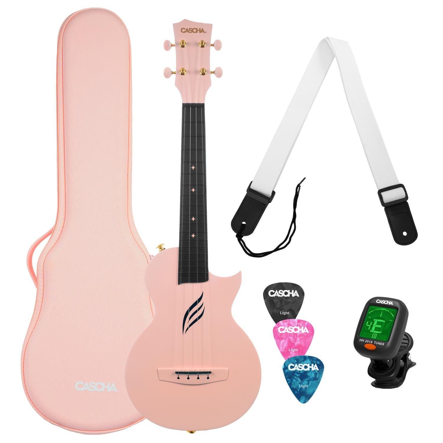 Cascha Ukulele HH2288 Kohlefaser Ukulele Set Pink, Set, Komplettset mit Tasche, Gurt, Stimmgerät und Plektren
