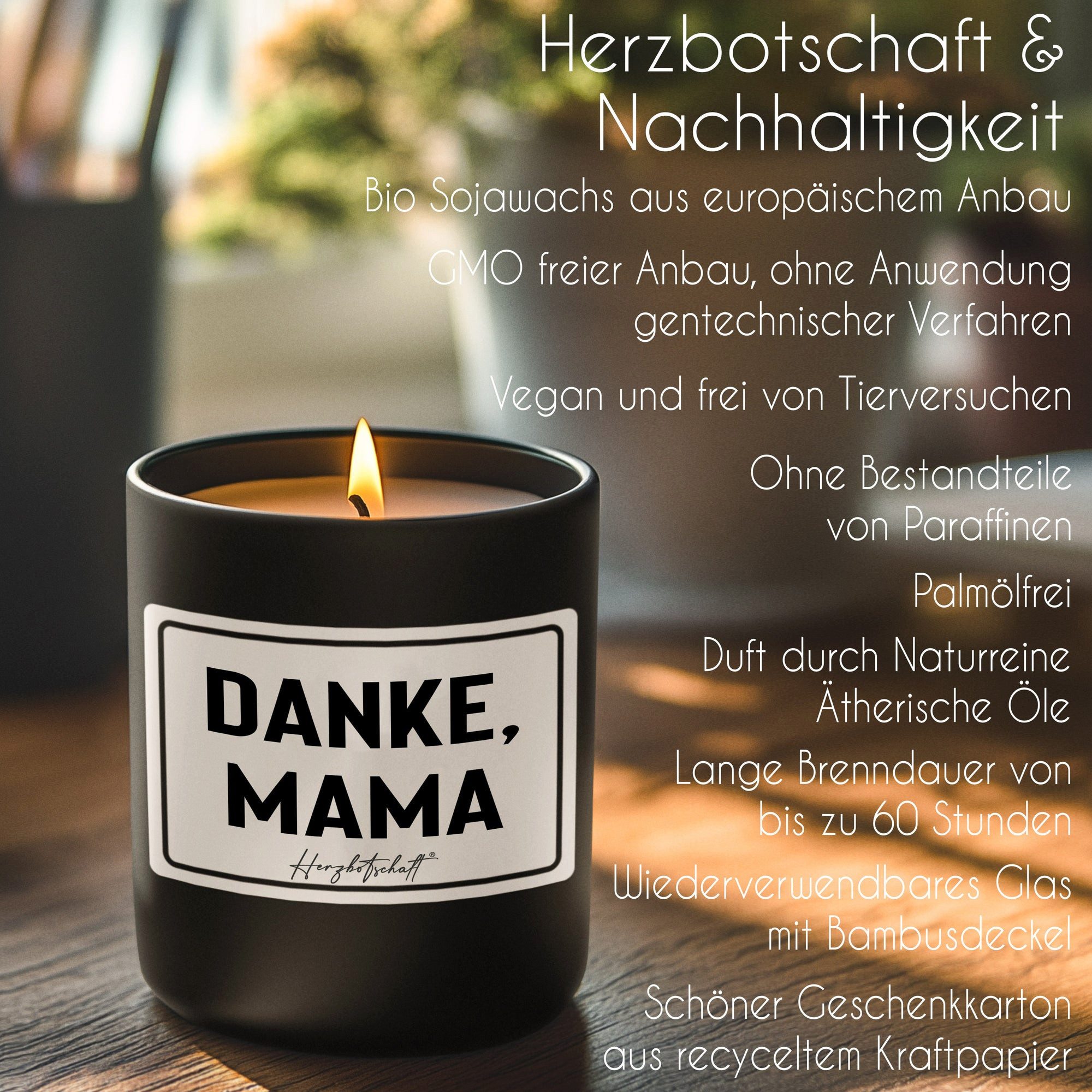 Herzbotschaft Duftkerze, (Danke, Mama, originelles Geschenk, handgemachte nachhaltige Sojakerze im Glas)
