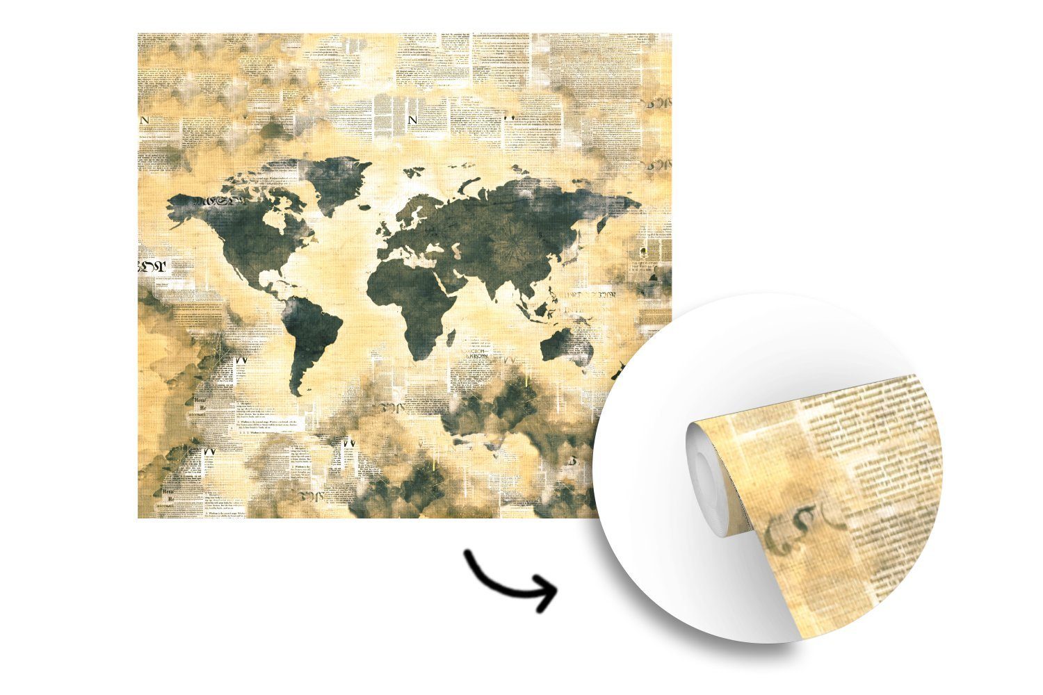 MuchoWow Fototapete Weltkarte Wohnzimmer Matt, bedruckt, Wandtapete - Tapete (5 St), Vinyl oder - für Schlafzimmer, Vintage Zeitungen