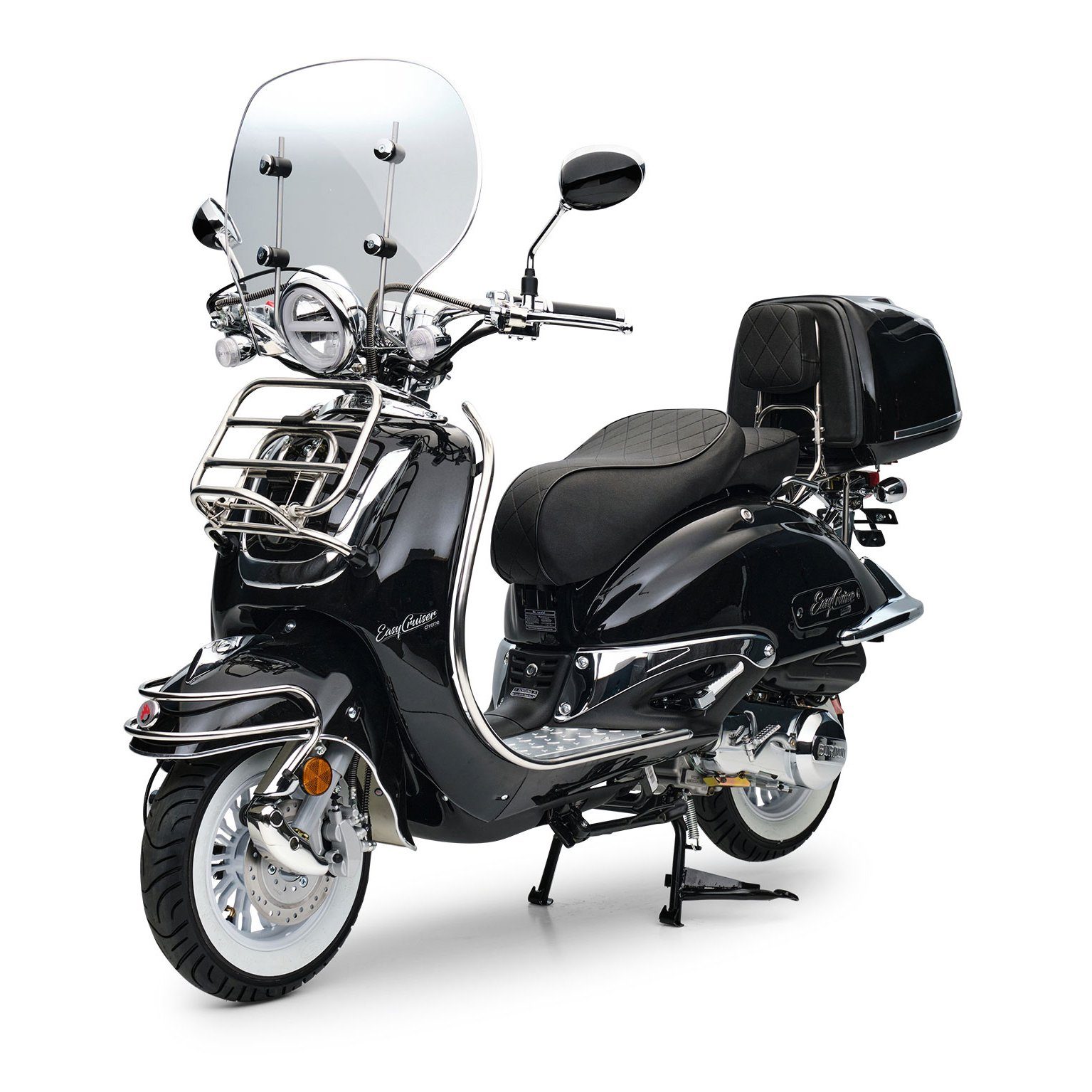 Burnout Motorroller EasyCruiser Chrom Schwarz, 50 ccm, 45 km/h, Euro 5, LED Beleuchtung, Digitales Tacho, Retro, mit Windschild & Topcase, USB