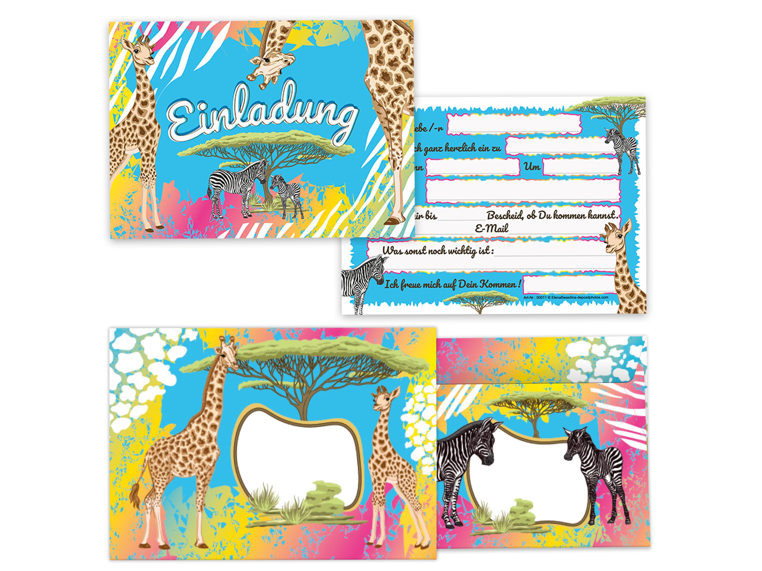 LIMONIA Einladungskarten Safari zum Kindergeburtstag Einladungen mit Umschlägen Karten Sahara, Einladungskarten mit Umschlägen zum Geburtstag Zebra Giraffe