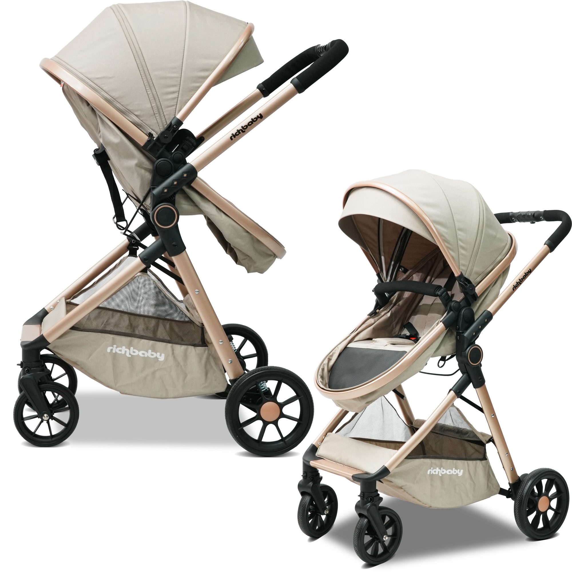 Odikalo Kombi-Kinderwagen EXQUISE V8A Kombi-Kinderwagen (umwandelbar zur Babywanne), (kompakt zusammenklappbar, mit hoher Sitzposition, verstellbarem Verdeck & Sicherheitsfunktionen – für Babys von 0 bis 36 Monaten)