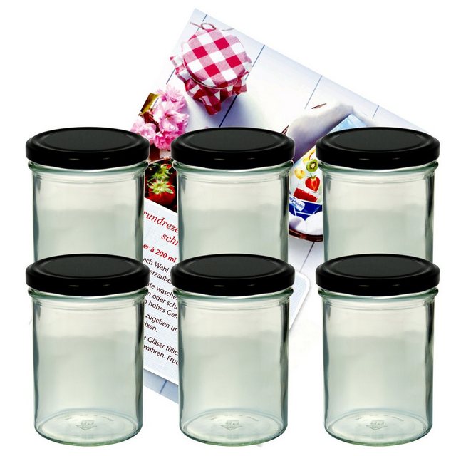 MamboCat Einmachglas 6er Set Sturzglas 435 ml Marmeladenglas Einmachglas Einweckglas To 82 schwarzer Deckel incl. Diamant-Zucker Gelierzauber Rezeptheft