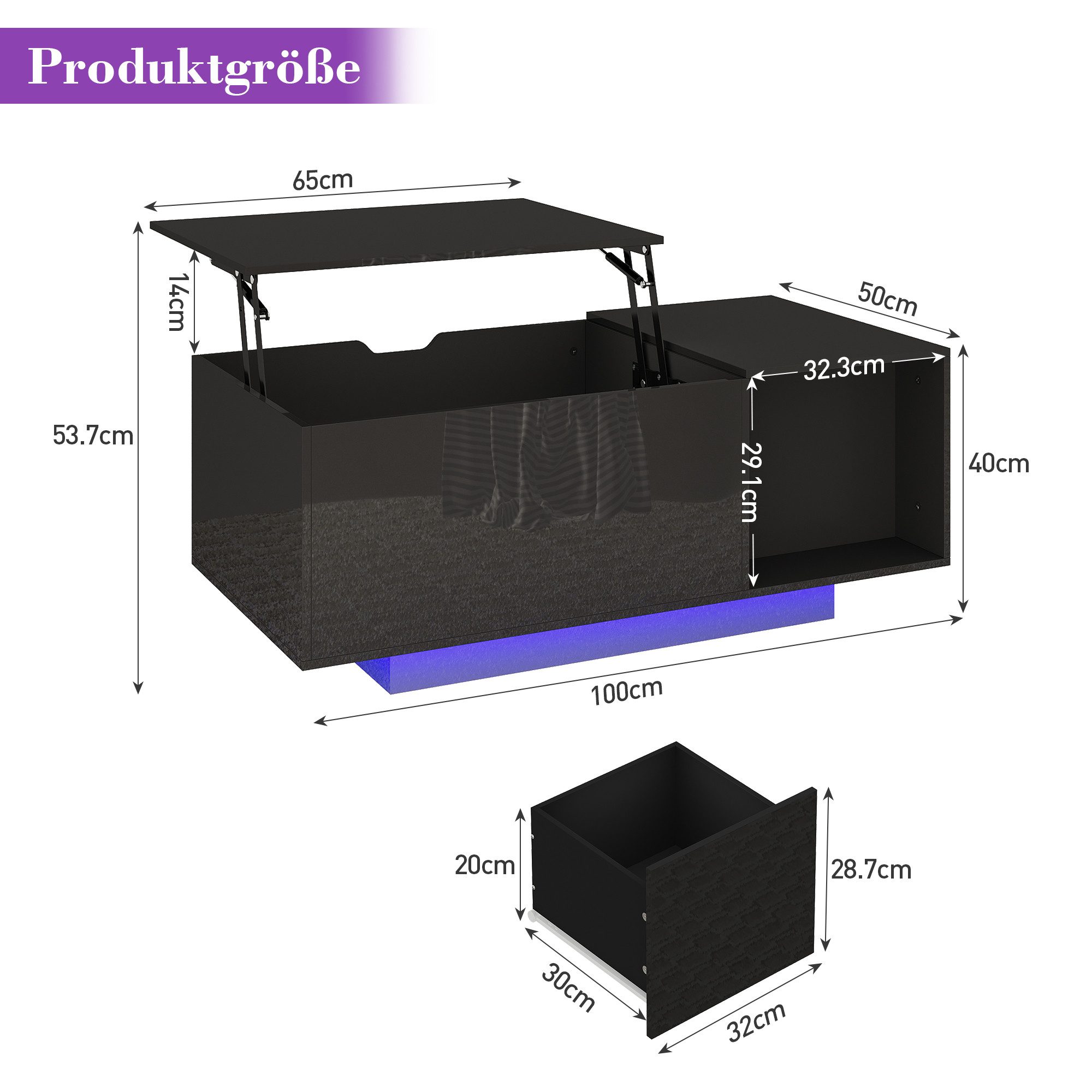 Hyaapwod Couchtisch Höhenverstellbarer Hochglanz-Couchtisch mit LED-Beleuchtung (1-St)