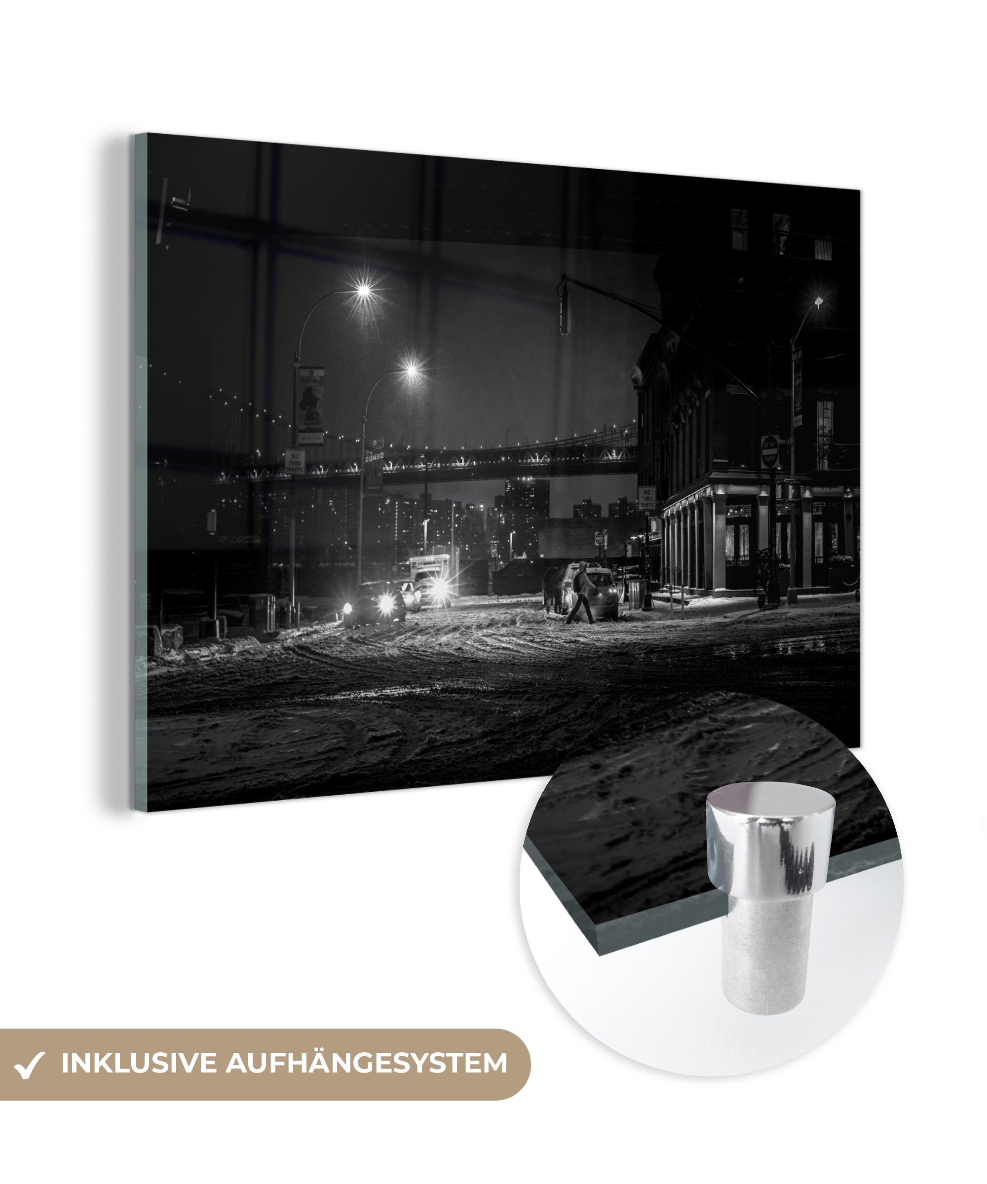 MuchoWow Acrylglasbild Schneesturm bei Nacht in New York - schwarz und weiß, (1 St), Acrylglasbilder Wohnzimmer & Schlafzimmer