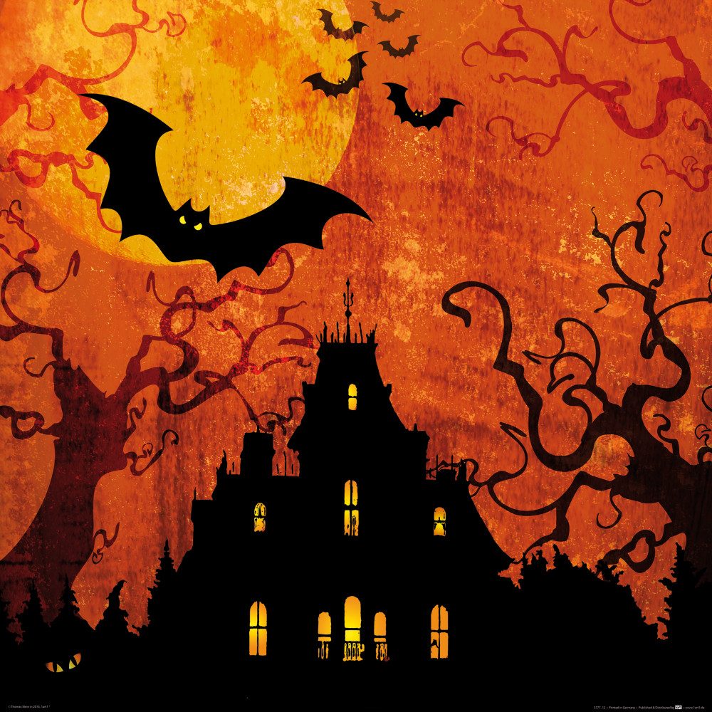 Poster Halloween Kunstdruck Bild - Geisterhaus Bei Blutmond (70 x 70 cm)
