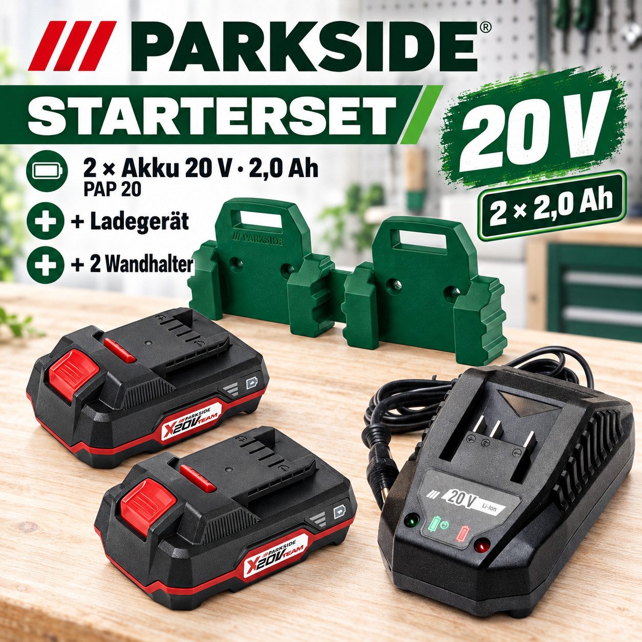 Parkside Starterset 2 x Akku 20 V 2.0 Ah PAP 20, Ladegerät, 2 Wandhalter Akku Starter-Set – Bild 2 von 4
