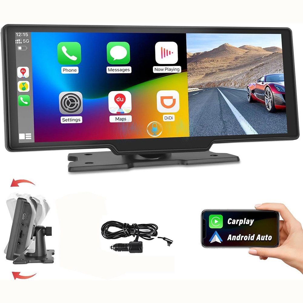 Hikity 9.3" Touchscreen Digitaler Medienempfänger Wireless CarPlay/Auto GPS Navigationsgerät (Wireless CarPlay Android Auto mit Sprachsteuerung, Bluetooth/FM/Sprachsteuerung)