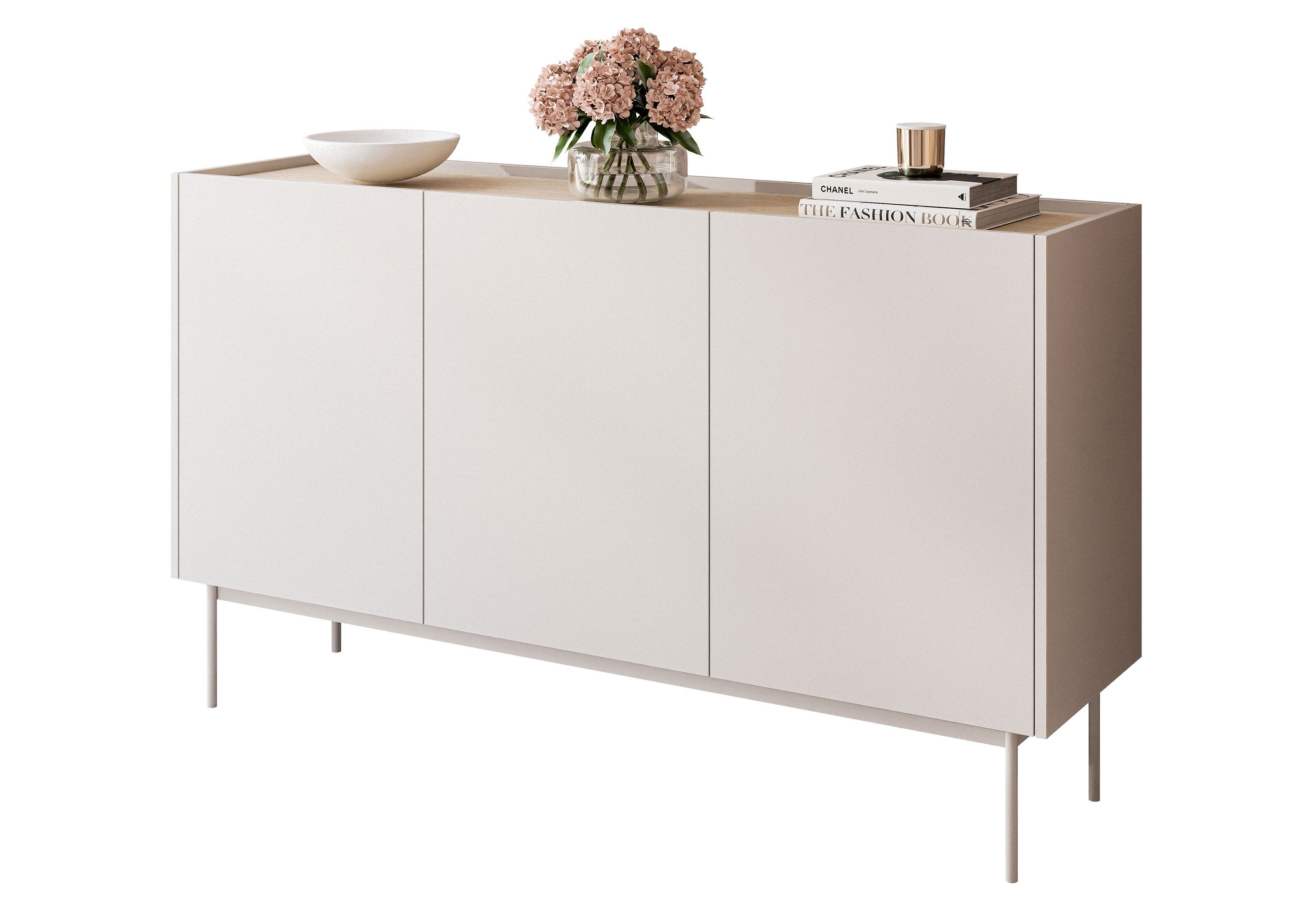 Lookway Kommode ESSENCE 3D K144 Dreitürig Anrichte Kaschmir / Eiche Linea, 144x37x83 cm