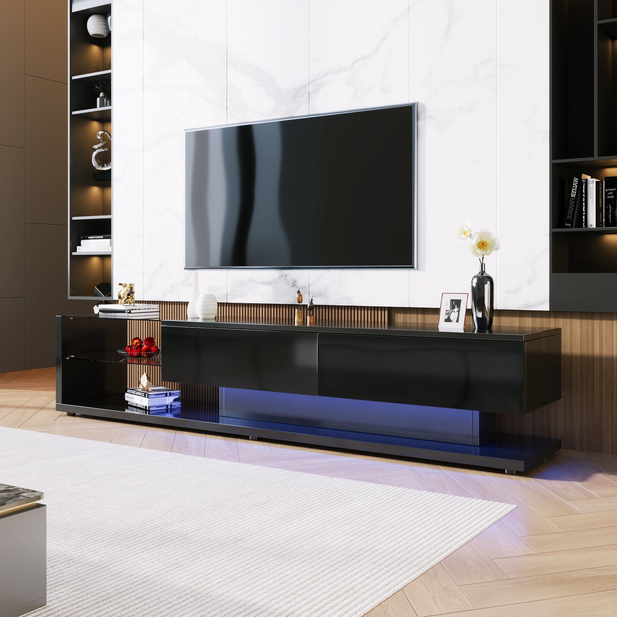 WISHDOR Lowboard TV- Schrank, Glastrennwände und variable LED-Beleuchtung Schwarz