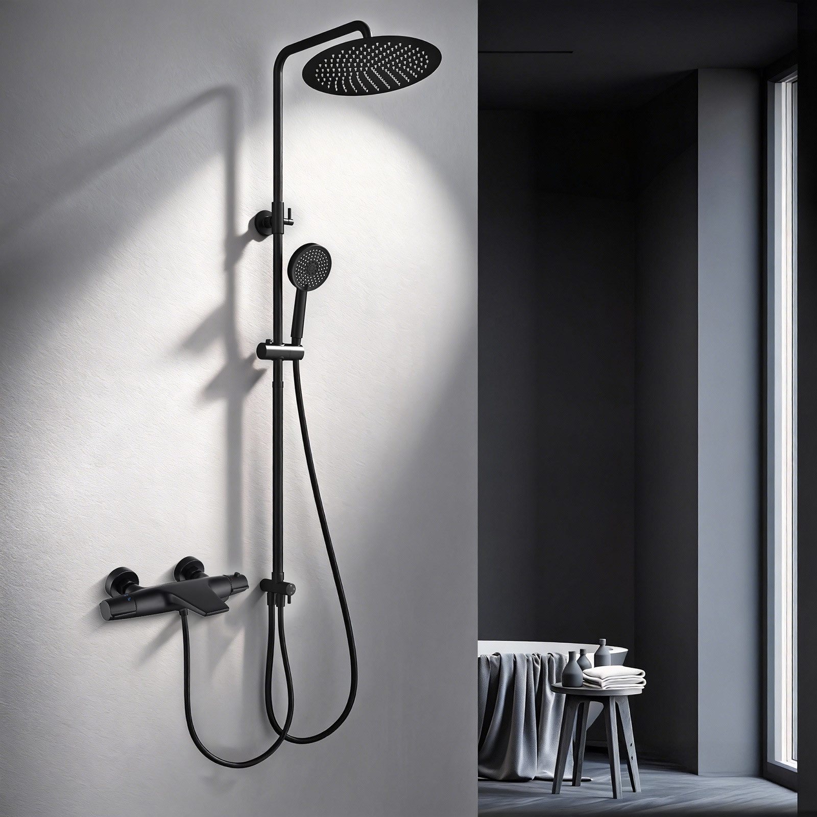 HOMELODY Duschsystem mit Regendusche, Handbrause und Thermostat in Schwarz, 2 Strahlart(en), Thermostat aus Messing für stabile und komfortable Wassertemperatur