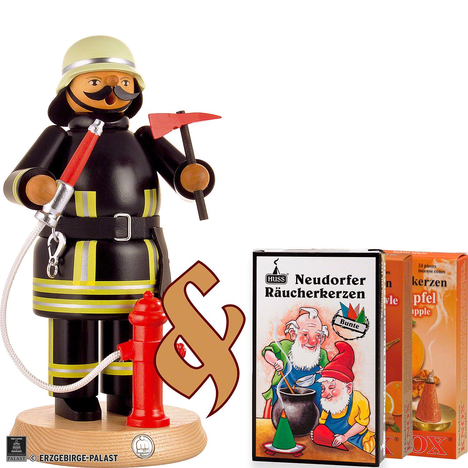 Erzgebirge-Palast Räuchermännchen Set Feuerwehrmann und drei Packungen Räucherkerzen Räuchermann von Er