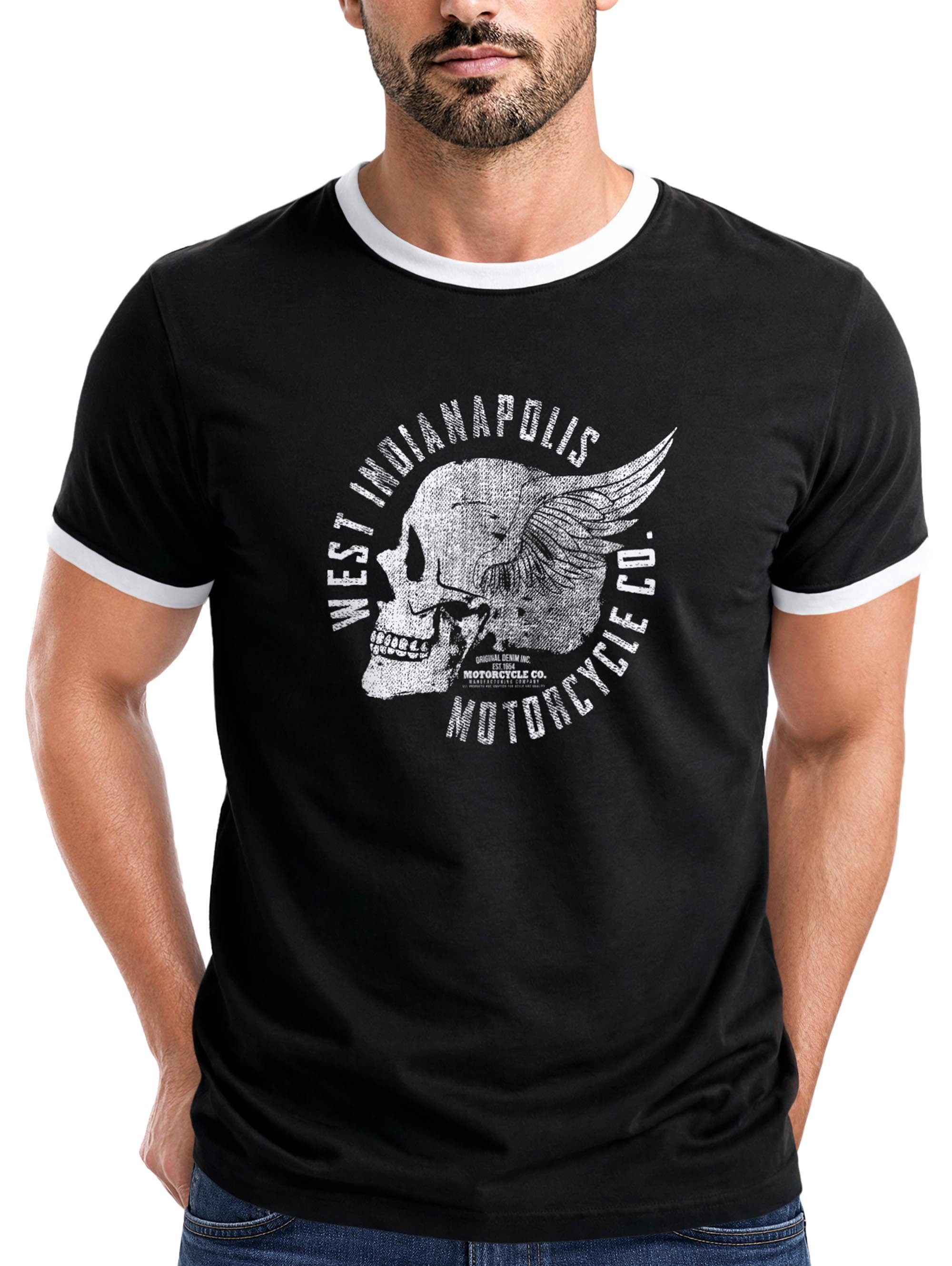 Neverless Print-Shirt Herren T-Shirt Retro Kontrastbund - Design Motorcycle Skull - mit Print