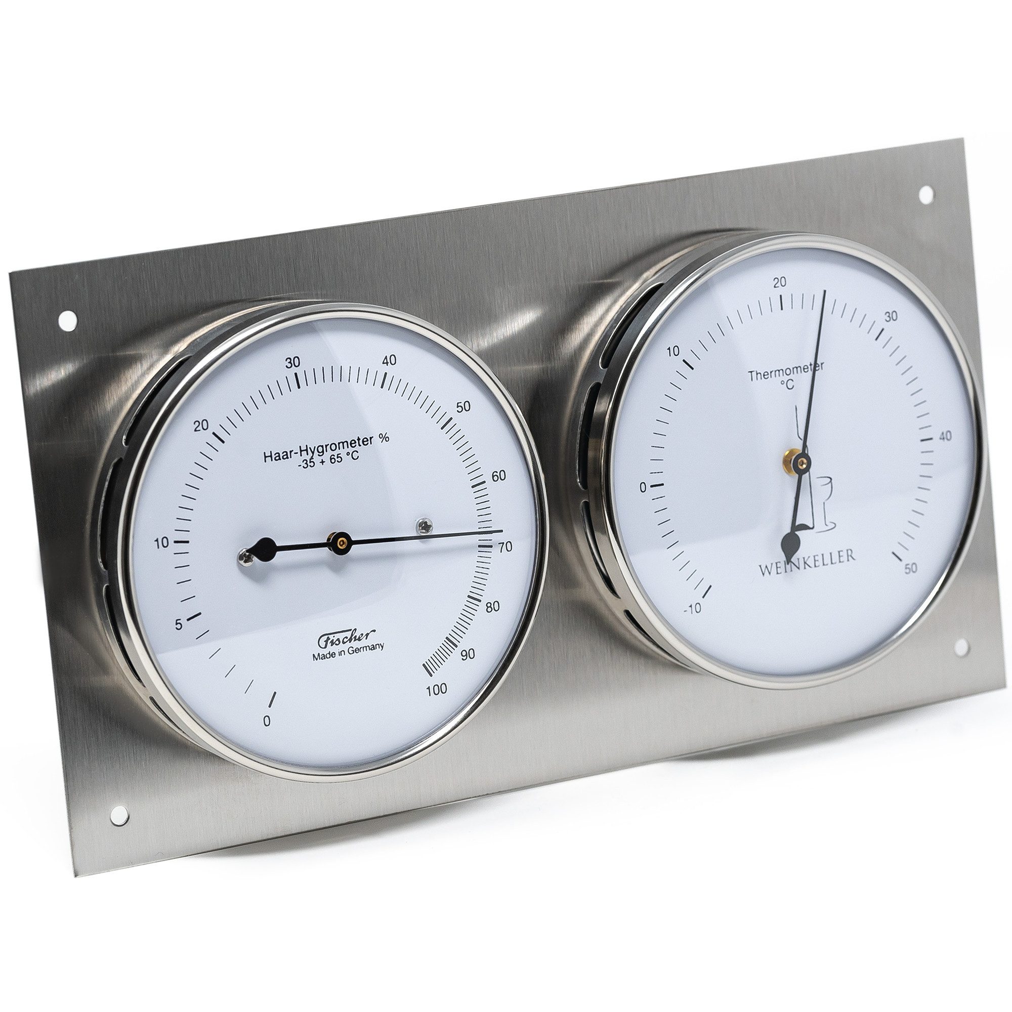 Fischer Barometer Weinthermometer Weinkeller Hygrometer & Thermometer 240 x 130 mm, 140.01, Echthaar-Hygrometer, Bimetall-Thermometer, Made in Germany