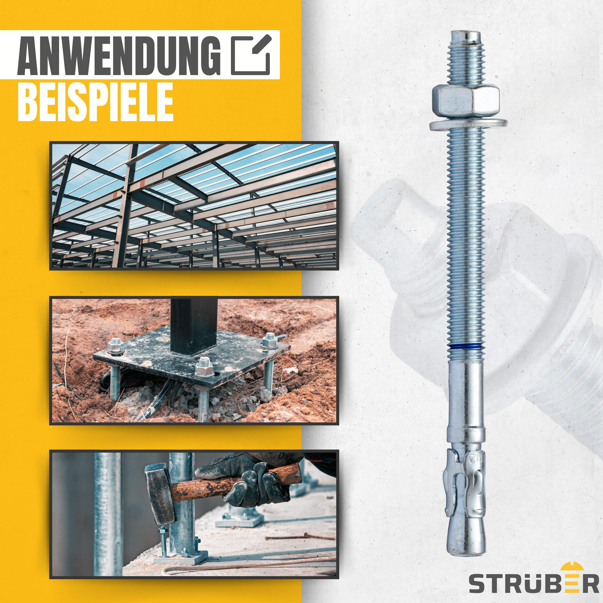 STRÜBER Schrauben- und Dübel-Set Bolzenanker Keilanker Schwerlastdübel verzinkt M8 - M16, (10 St)