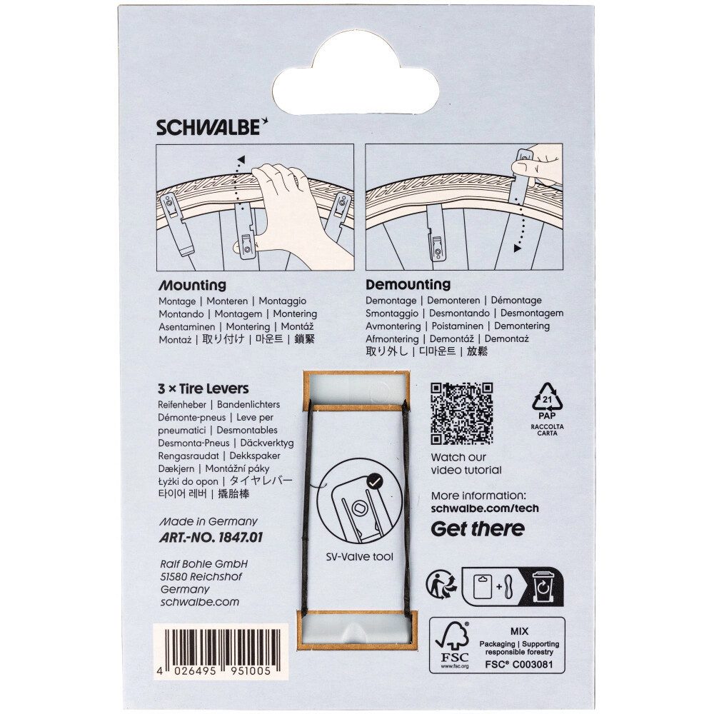 Schwalbe Fahrradreifenheber Schwalbe Set (3 Stück) mit SV-Ventilkern-Tool – leicht & stabil