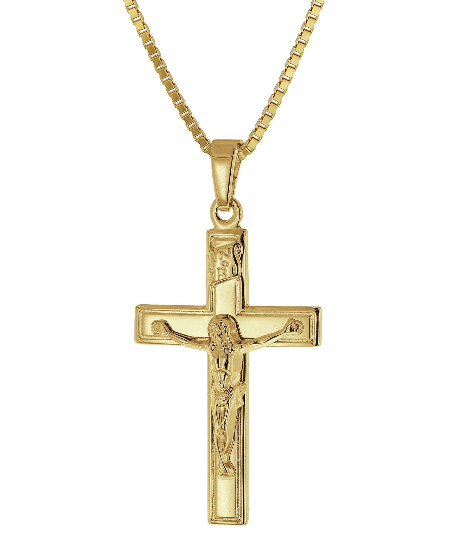 trendor Kette mit Anhänger Kruzifix 14 Karat Gold 585 mit goldplattierter Silberkette