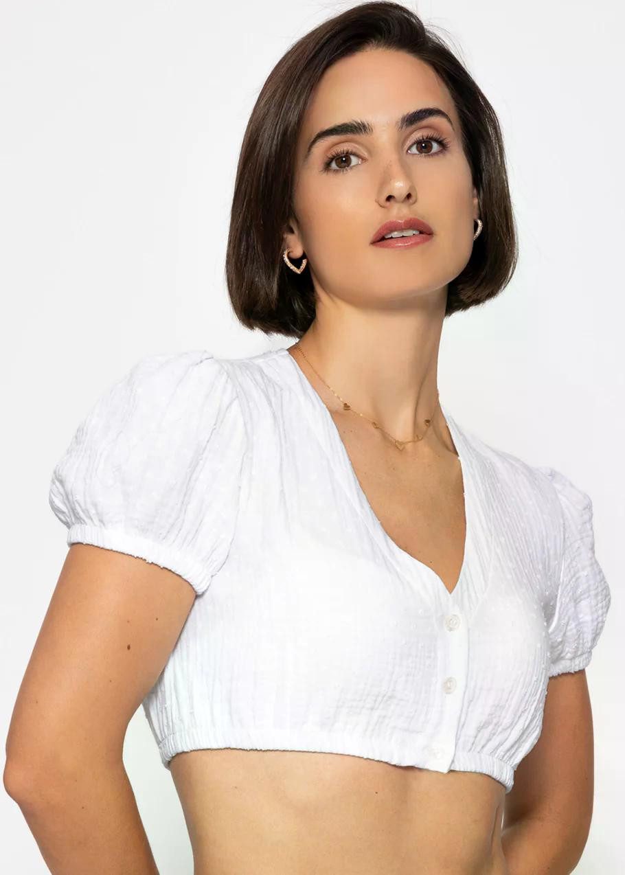 SASSYCLASSY Dirndlbluse Dirndlbluse aus Musselin mit Tupfen für Damen Traditionelle Trachtenbluse mit V Ausschnitt und Puffärmeln Weiß