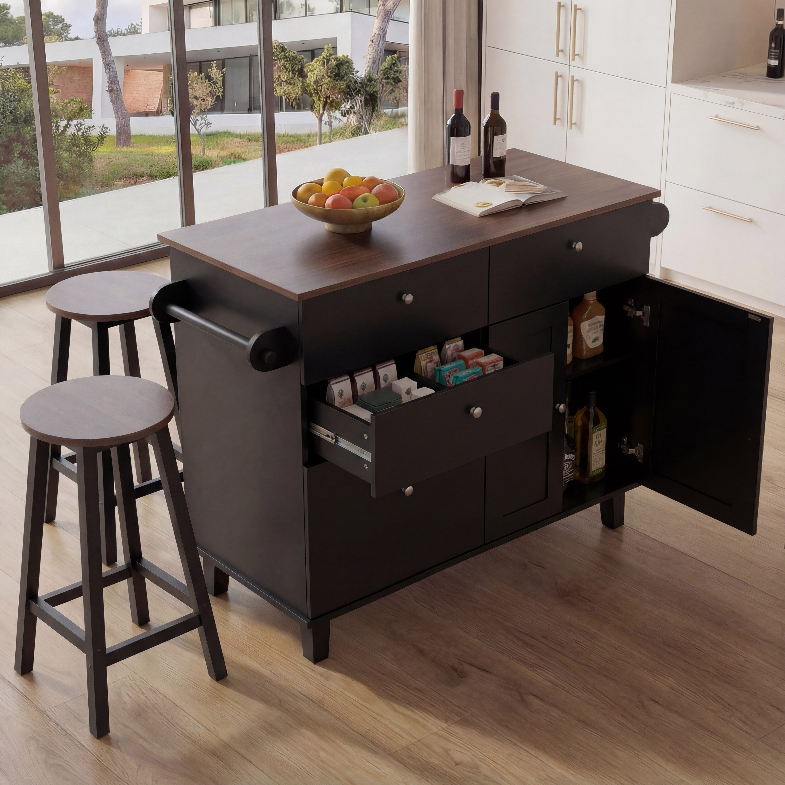 MCW Kücheninsel MCW-P62, Tischplatte mit Struktur, Ausreichend Stauraum, Hocker mit Fußablage