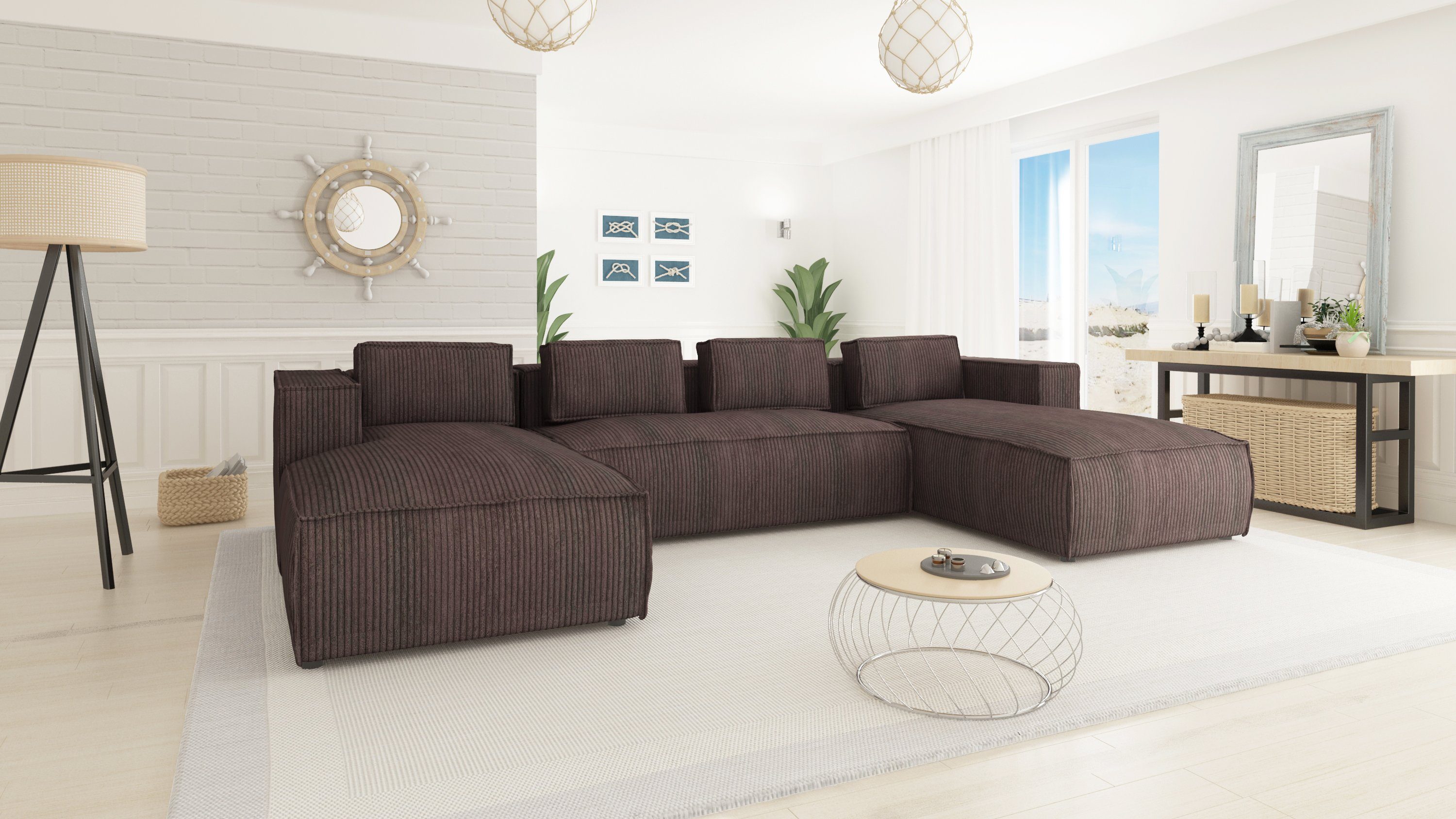 S-Style Möbel Ecksofa Cord Wohnlandschaft Renne, Die mane befindet sich auf zwei Seiten 3 Teile, mit Wellenfederung Dunkelbraun