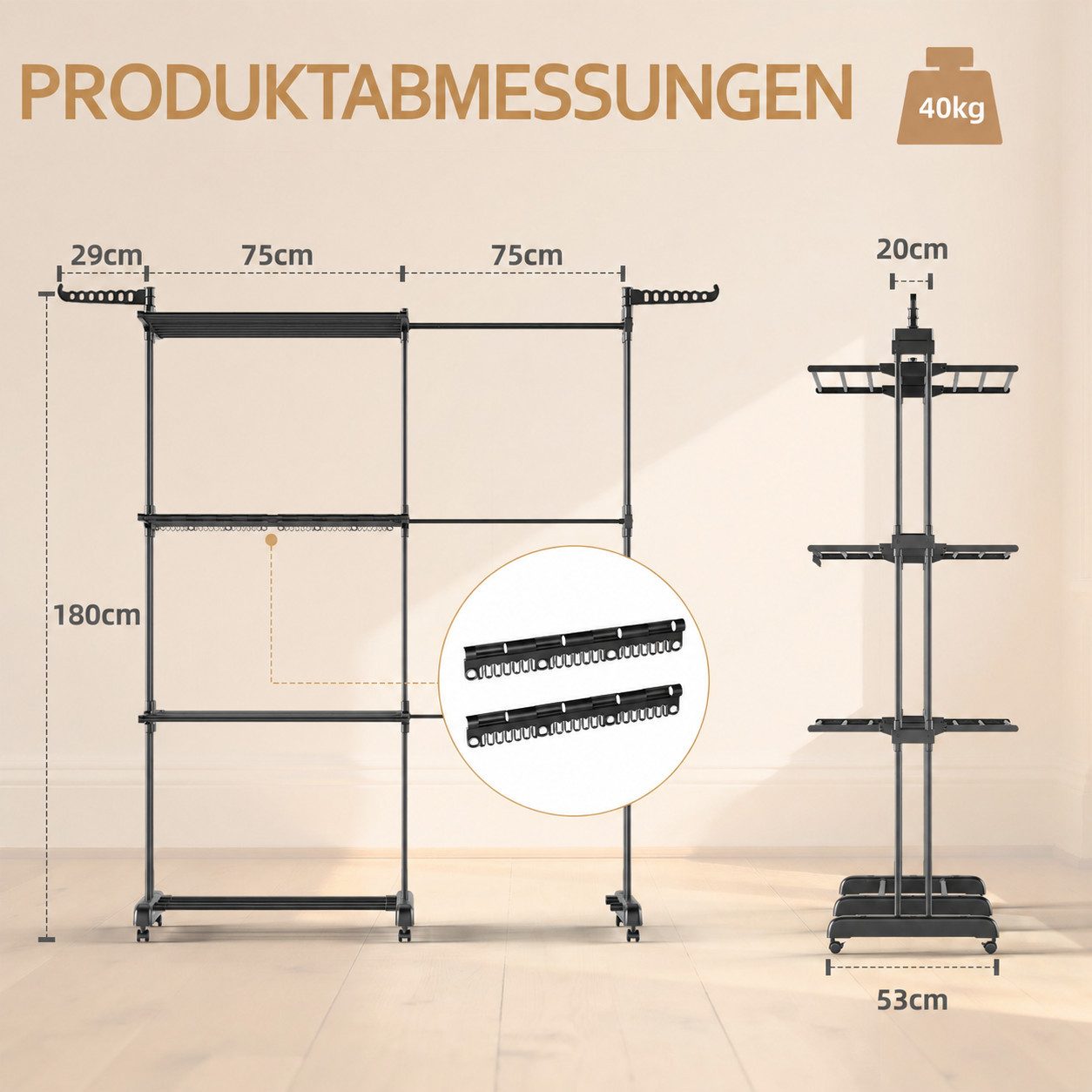 Huracan Wäscheständer Turm 2in1 Klappbar, Wäscheturm, Turmwäscheständer Hoch, Flügelwäscheständer Clothes, 3 Etagen