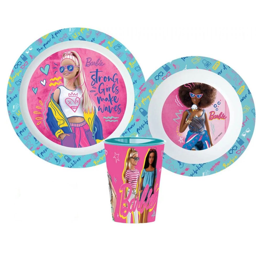 Barbie Kindergeschirr-Set Barbie Kinder 3 teiliges Frühstücks Set Teller und Schüssel Becher (3-tlg), 1 Personen, BPA-Frei