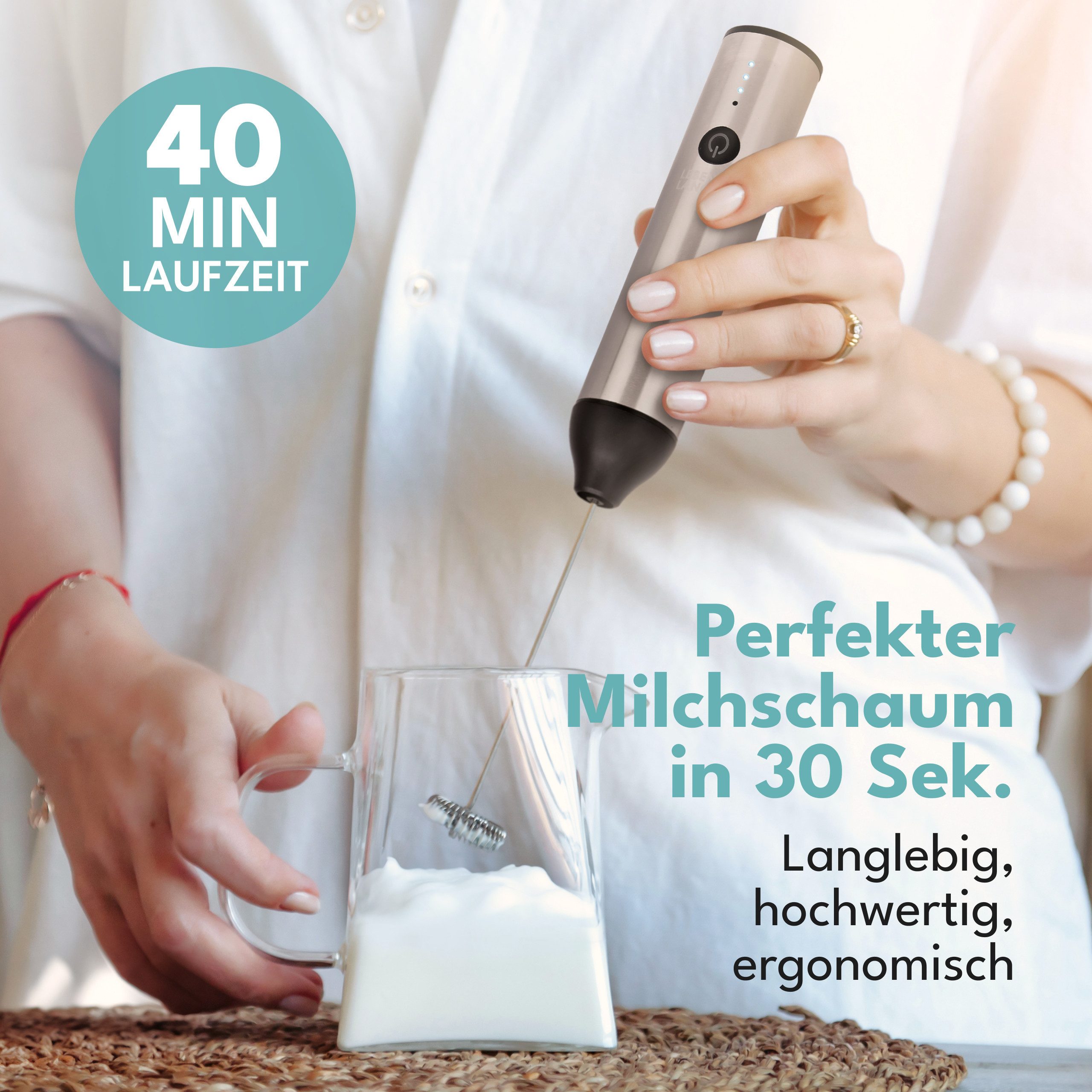Lebenlang Milchaufschäumer Stab - Elektrisch & Wiederaufladbar - Inkl. Extra Rührbesen, 8 W, 3 Modi - Auch für Sahne, Rührei und Dressings