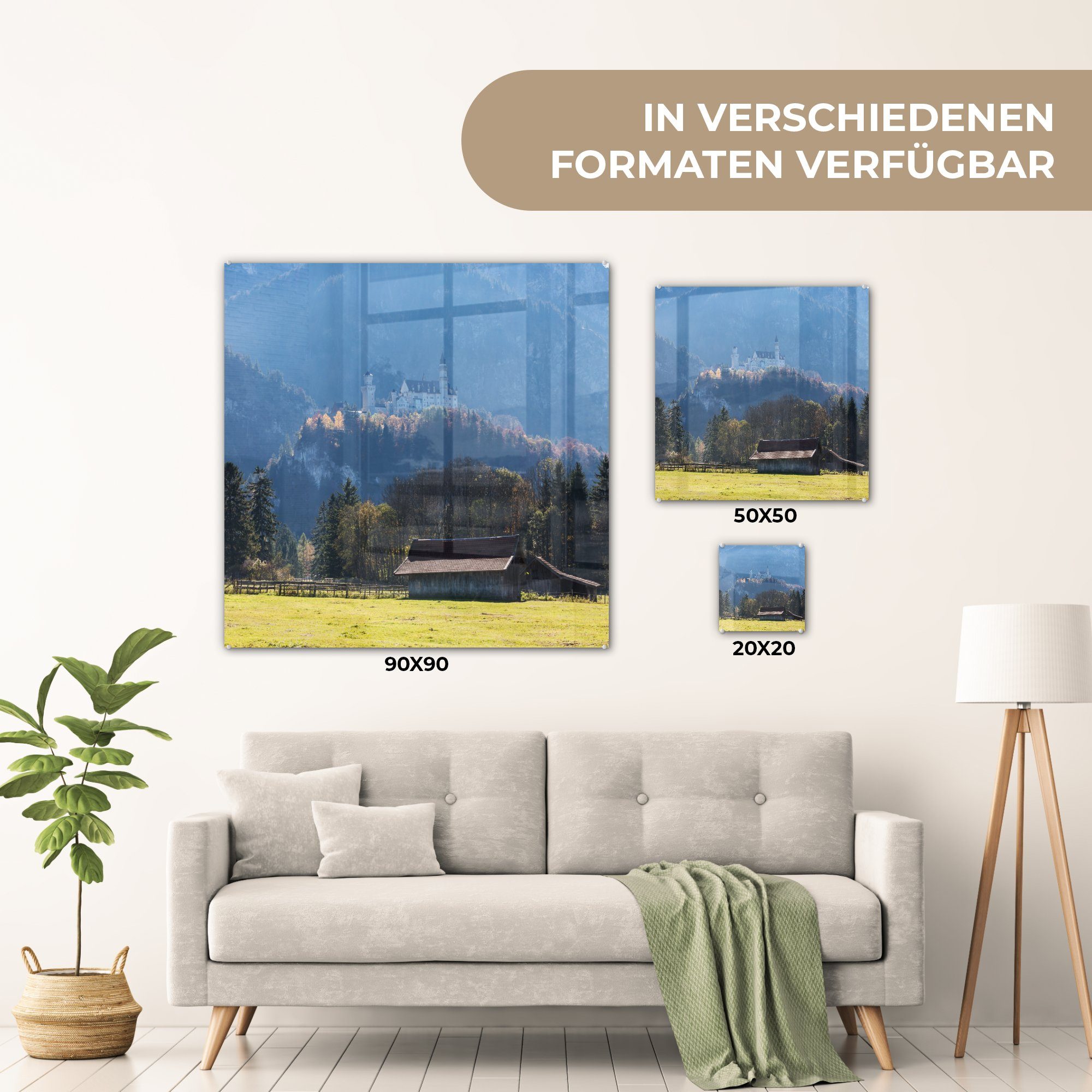 Acrylglasbild Glasbilder - auf Bilder Schloss - St), auf Wandbild Wanddekoration Neuschwanstein Berg, Glas auf (1 Glas einem - MuchoWow Foto