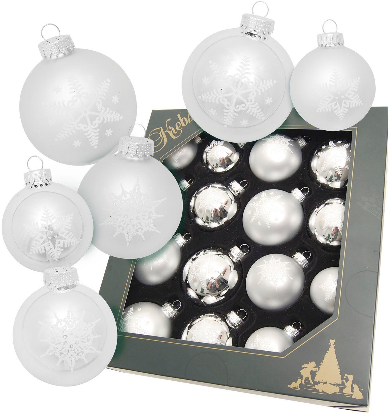 Krebs Glas Lauscha Weihnachtsbaumkugel Schneeflocke silberfarben (16 St), Weihnachtsdeko, Christbaumschmuck, Christbaumkugeln aus Glas