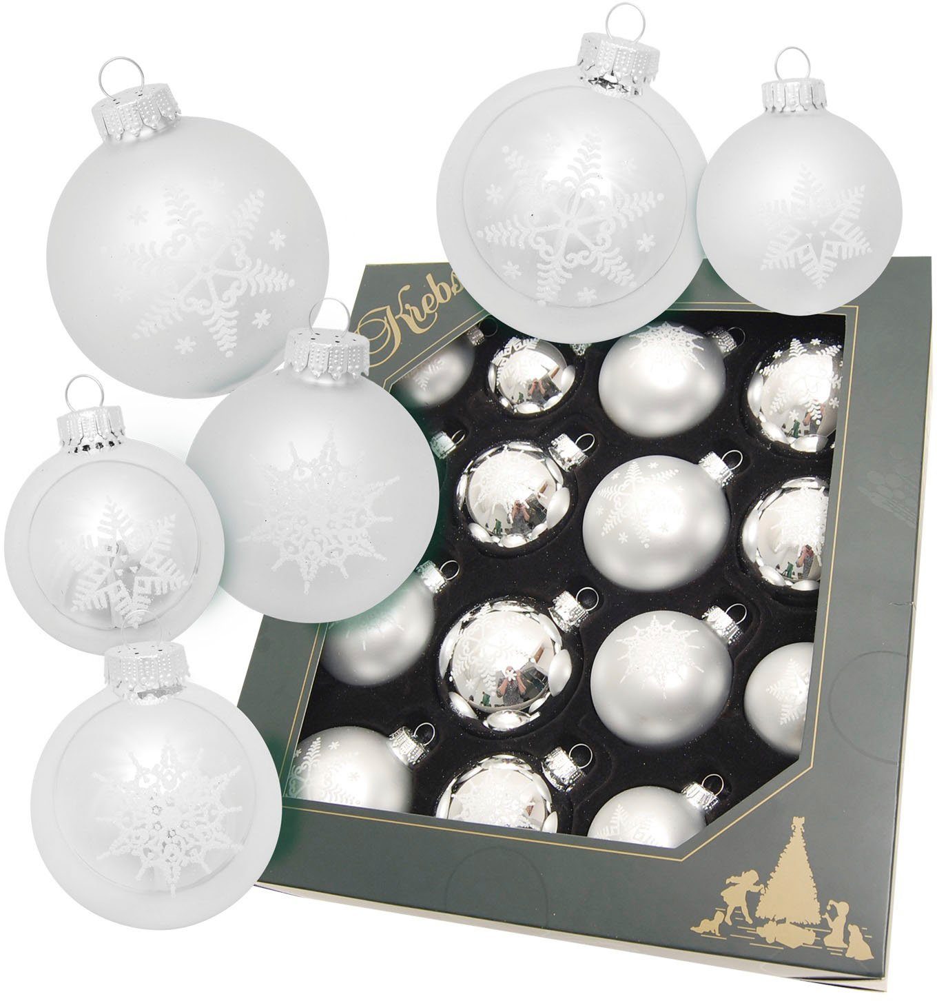 Christbaumschmuck, Christbaumkugeln (16 Weihnachtsbaumkugel silberfarben Lauscha aus Schneeflocke Krebs St), Glas Glas Weihnachtsdeko,