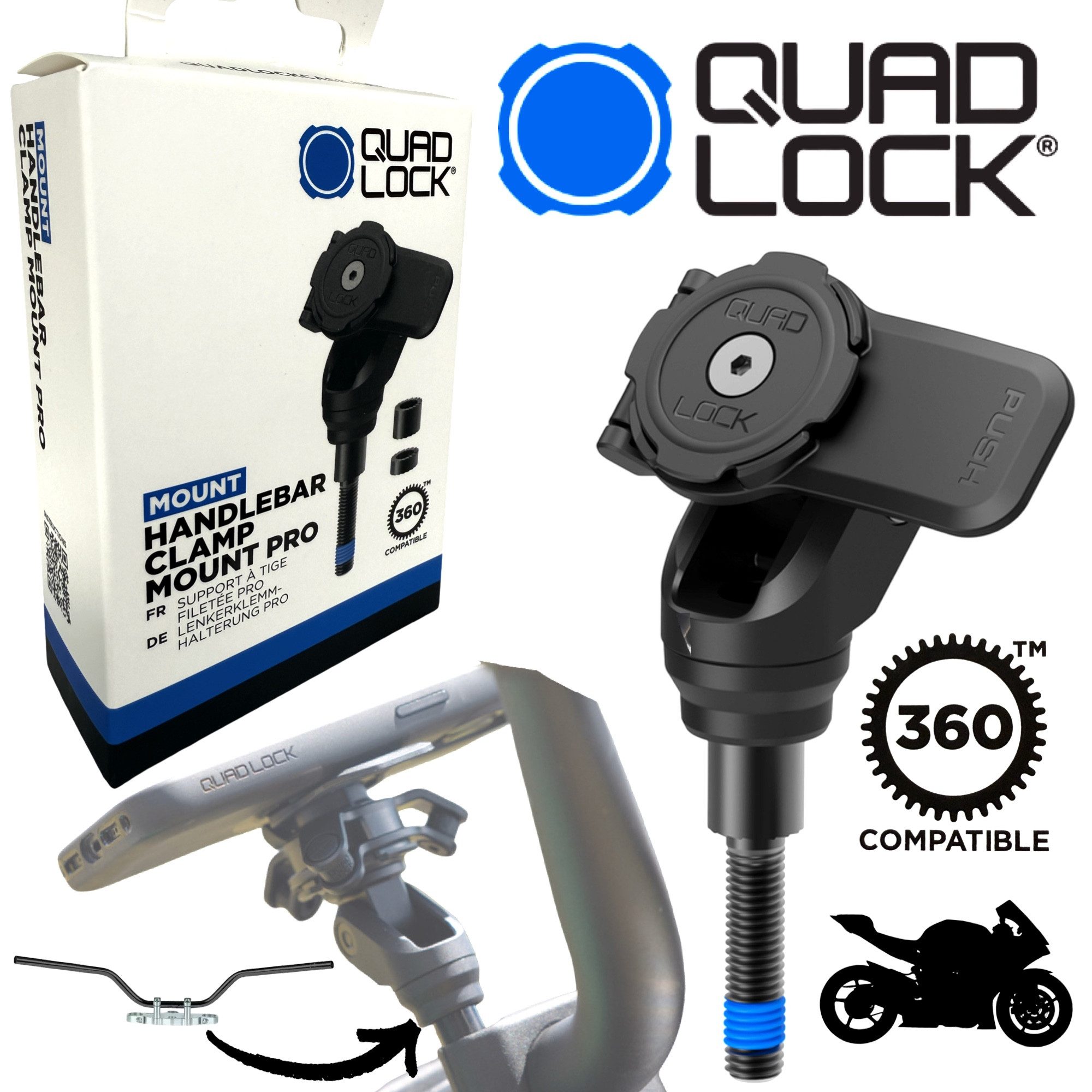 Quad Lock Handy-Halterung QUAD LOCK Handlebar Clamp Mount PRO Motorrad Lenkerklemmen Halterung