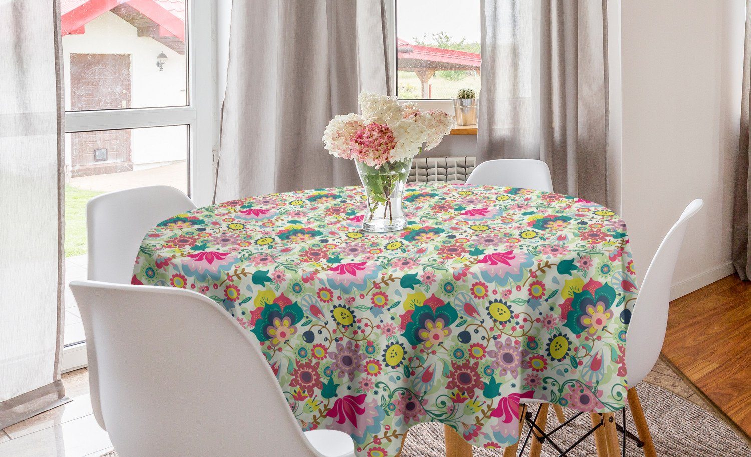 Abakuhaus Tischdecke Kreis Tischdecke Abdeckung für Esszimmer Küche Dekoration, Blumen Bunte Pflanzen Muster