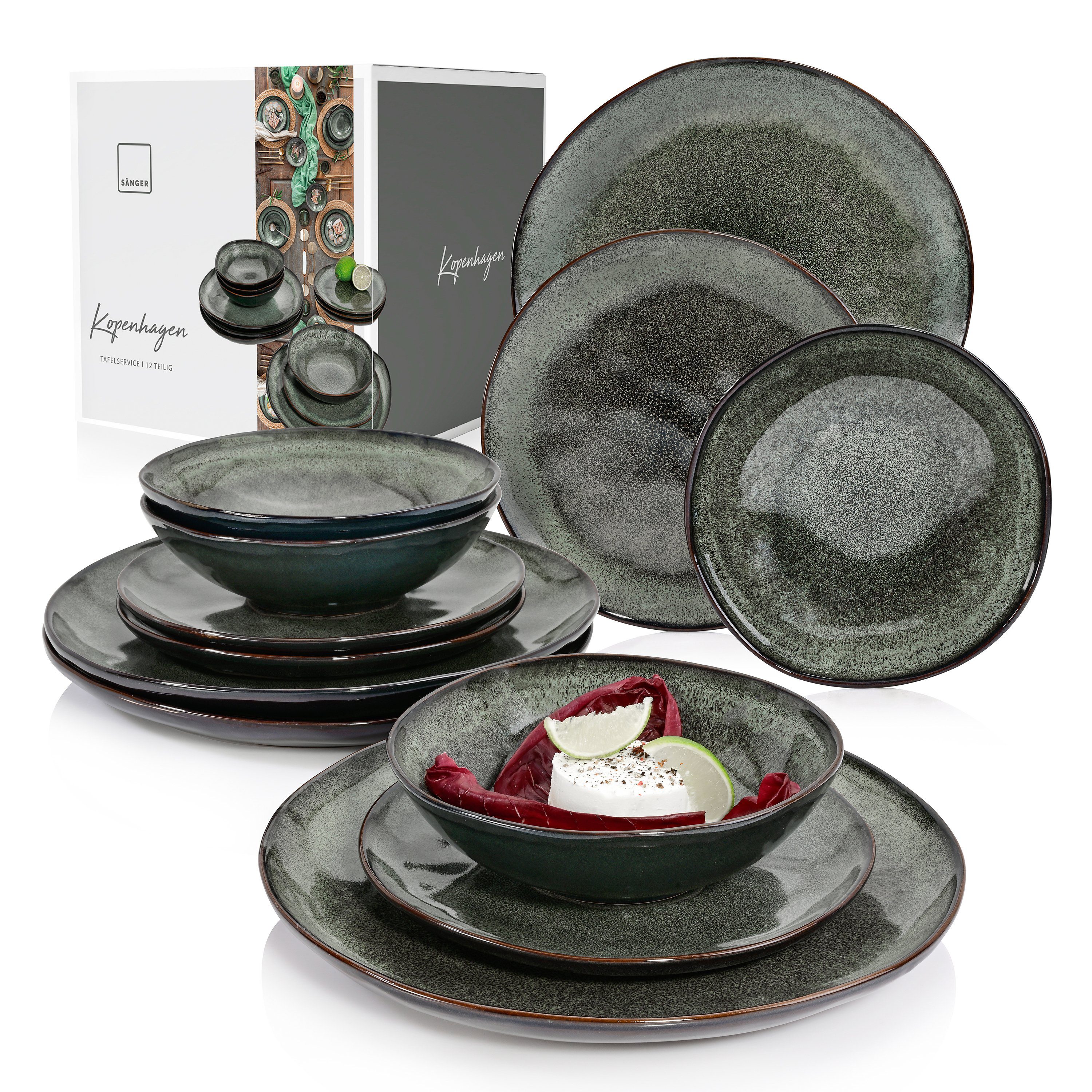 SÄNGER Tafelservice Kopenhagen Geschirrset (12-tlg), 4 Personen, Steingut, Grün-Grau, Handmade, Premium Collection