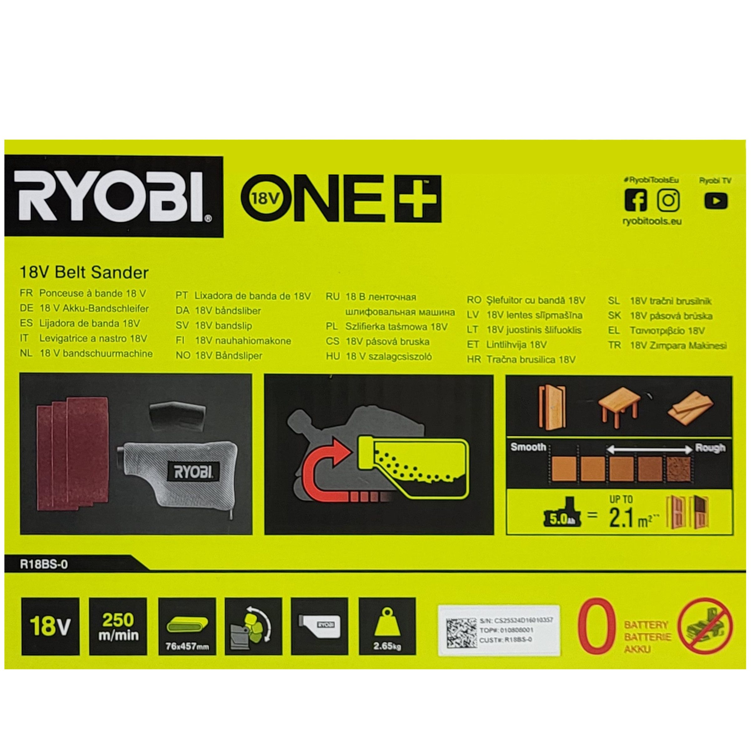 RYOBI Akku-Bandschleifer Ryobi R18BS-0 – 18V ONE+ Bandschleifer 76x457mm, (1 tlg)