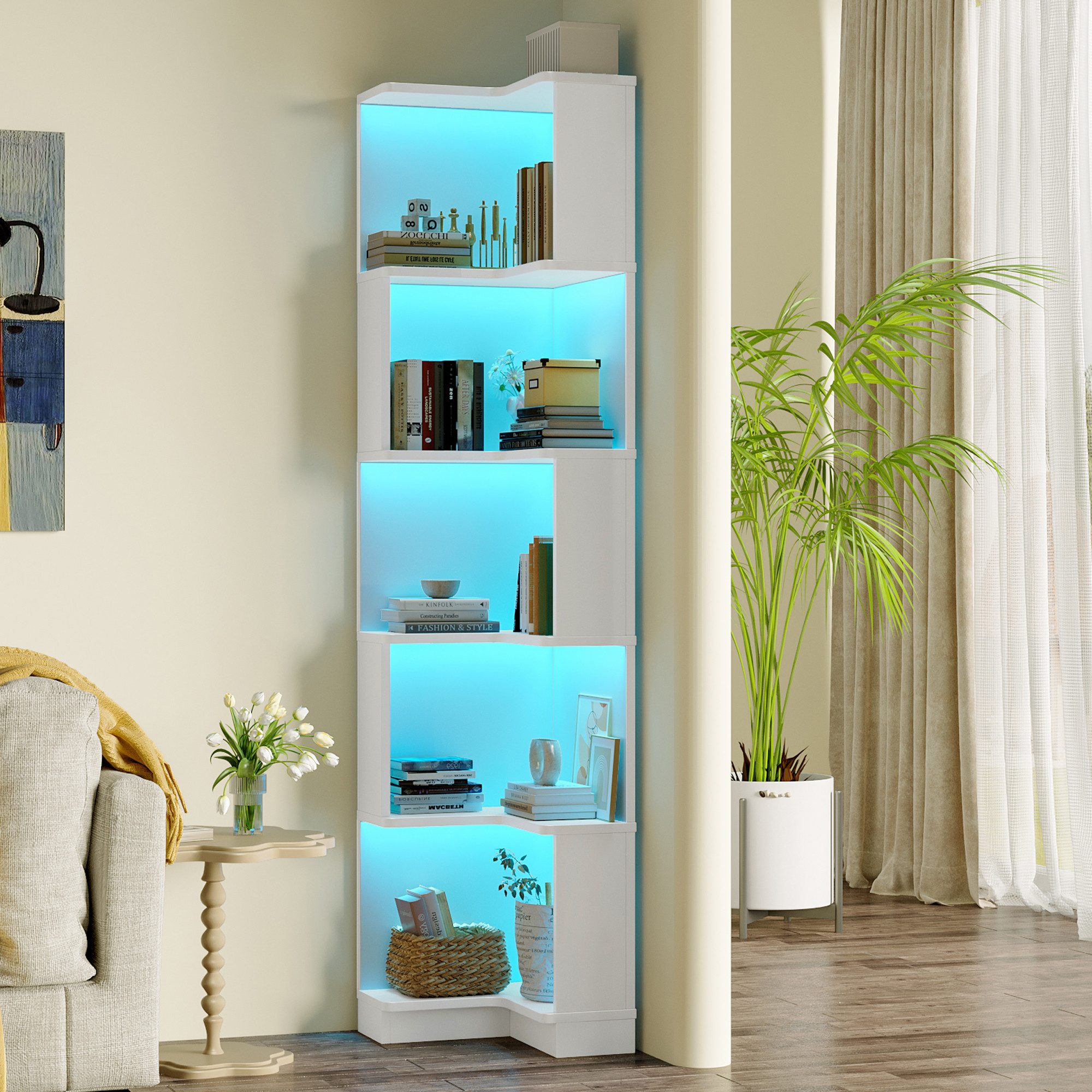 Flieks Bücherregal Standregal mit LED-Beleuchtung und 6 Ebenen, B63,5/T45/H175 cm 1-tlg., Eckbücherregal mit 5 Fächer L-förmig Hochschrank Eckregal Weiß