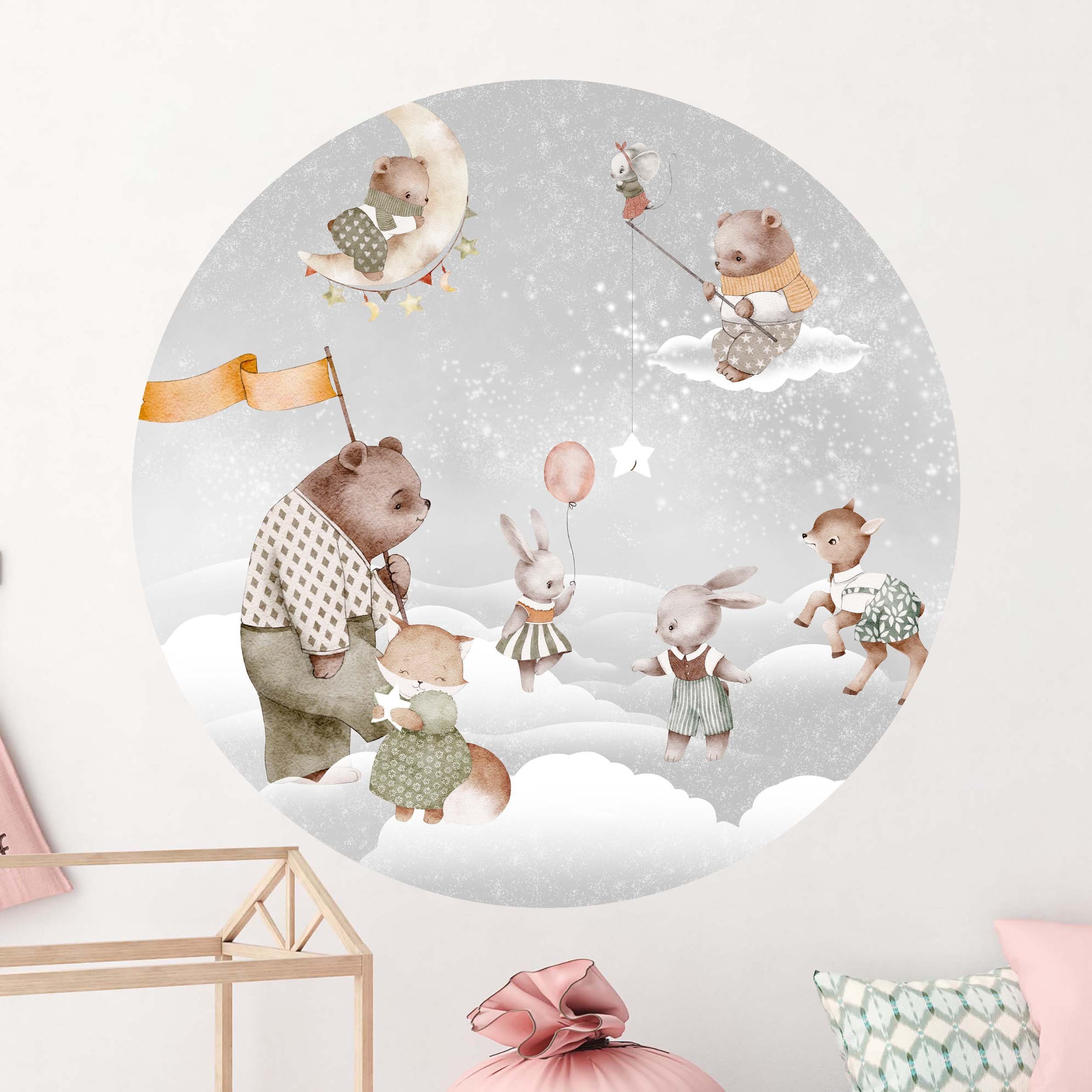 WANDKIND Wandtattoo Waldtiere auf dem Mond V381 RUND (Bär, Hase, Fuchs), wieder ablösbar