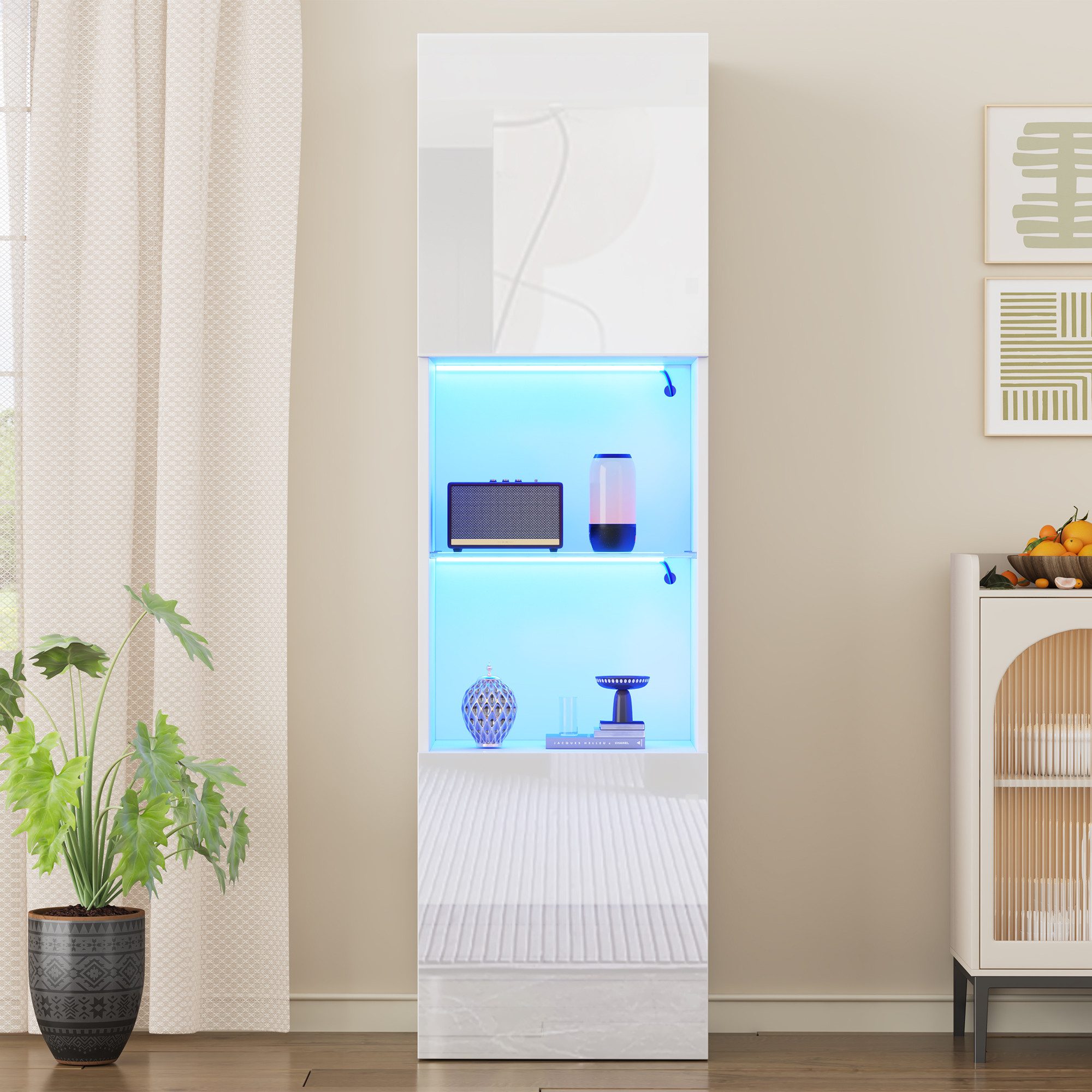 MODFU Vitrine 1 Glasboden, freistehender Hochschrank (Packung, 1-St., Elegante Vitrine als Lagerschrank) Hochglanzvitrine 45x35x160 cm, Weiß mit LED