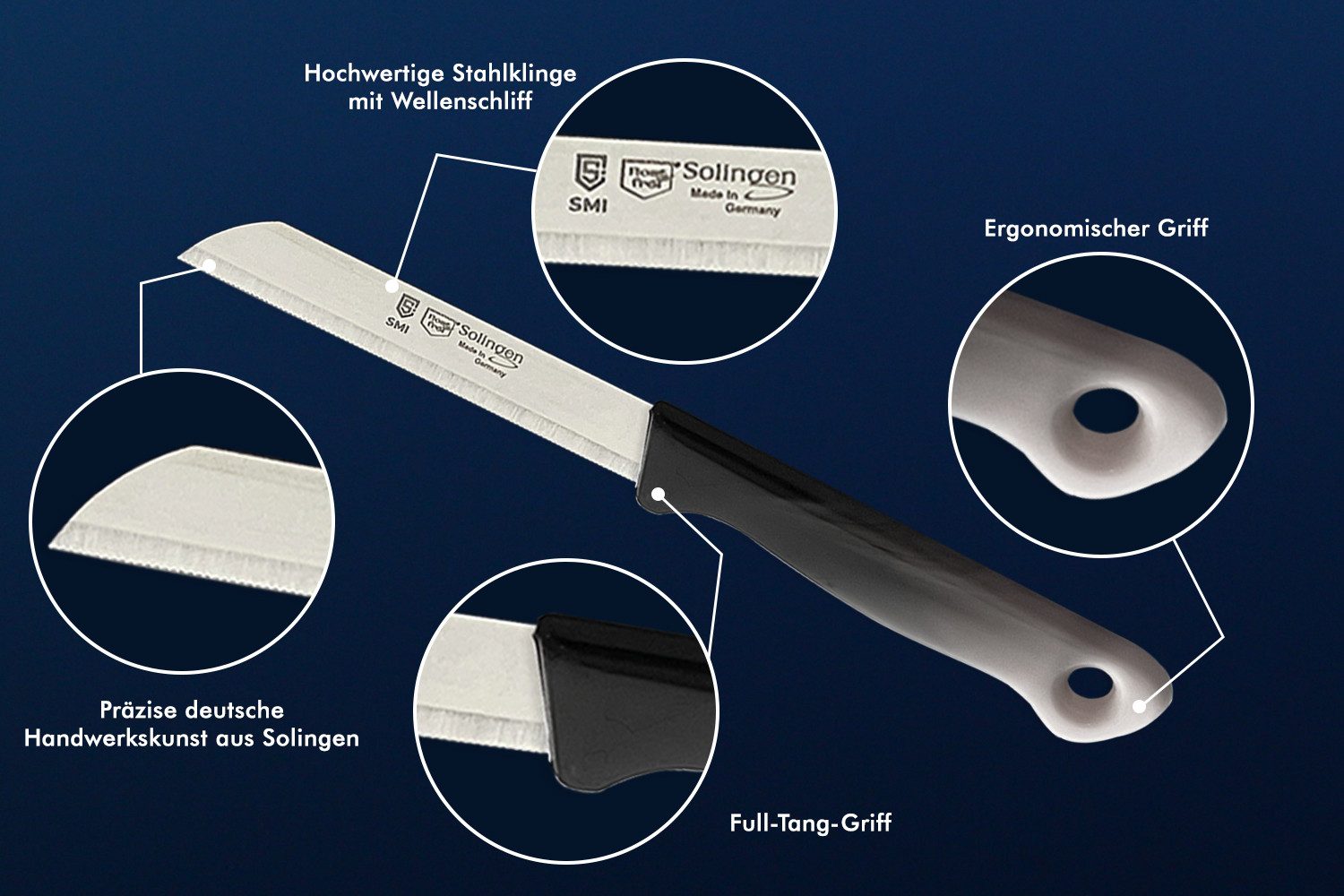 SMI Gemüsemesser 6-tlg Solingen Gemüsemesser Set Schälmesser Obstmesser Küchenmesser, Klinge mit Wellenschliff