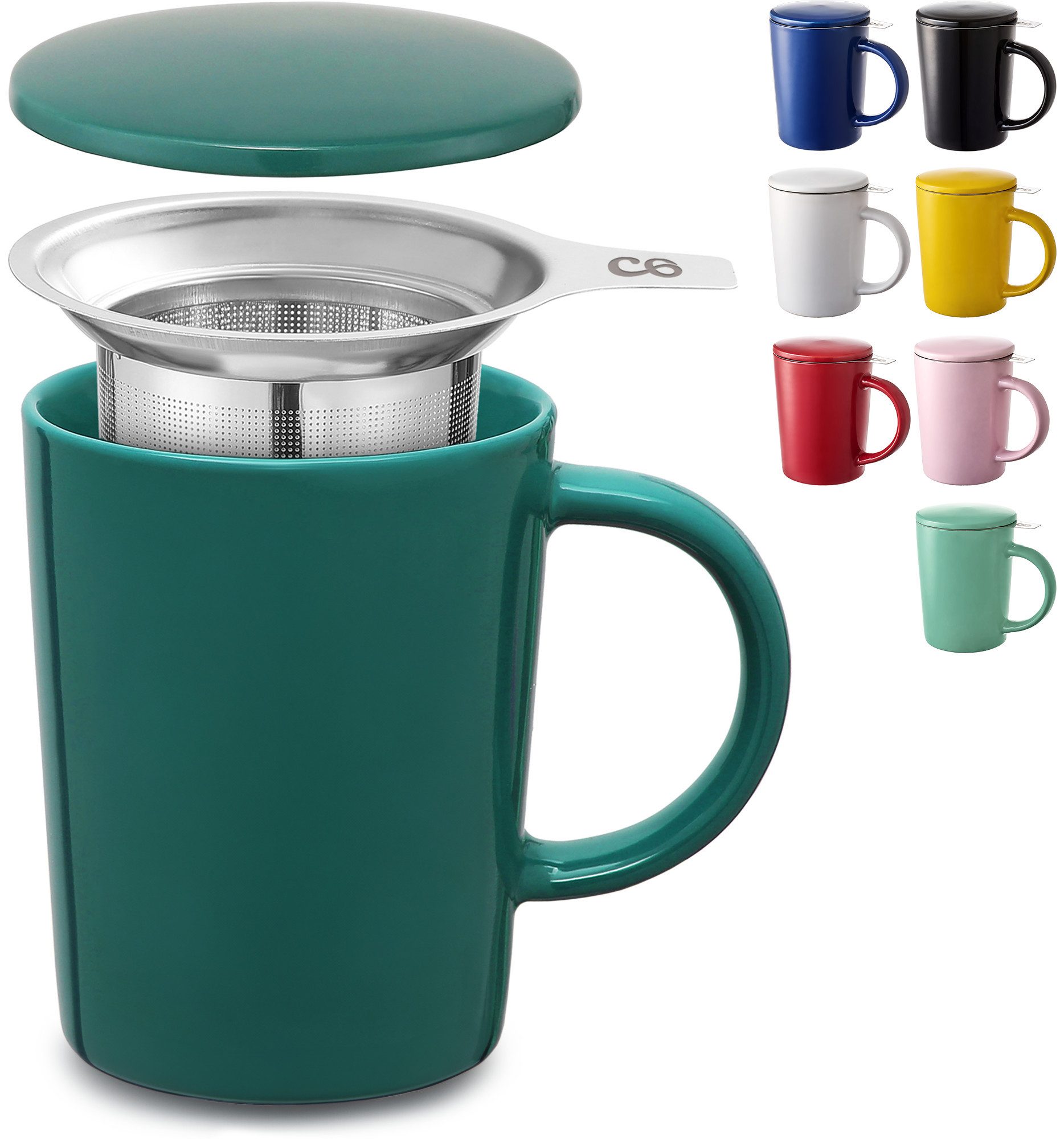Cosumy Teeglas Teetasse mit Sieb und Deckel 400ml - Jumbotasse, Keramik, Hält Lange warm - 400 ml Groß - Spülmaschinenfest