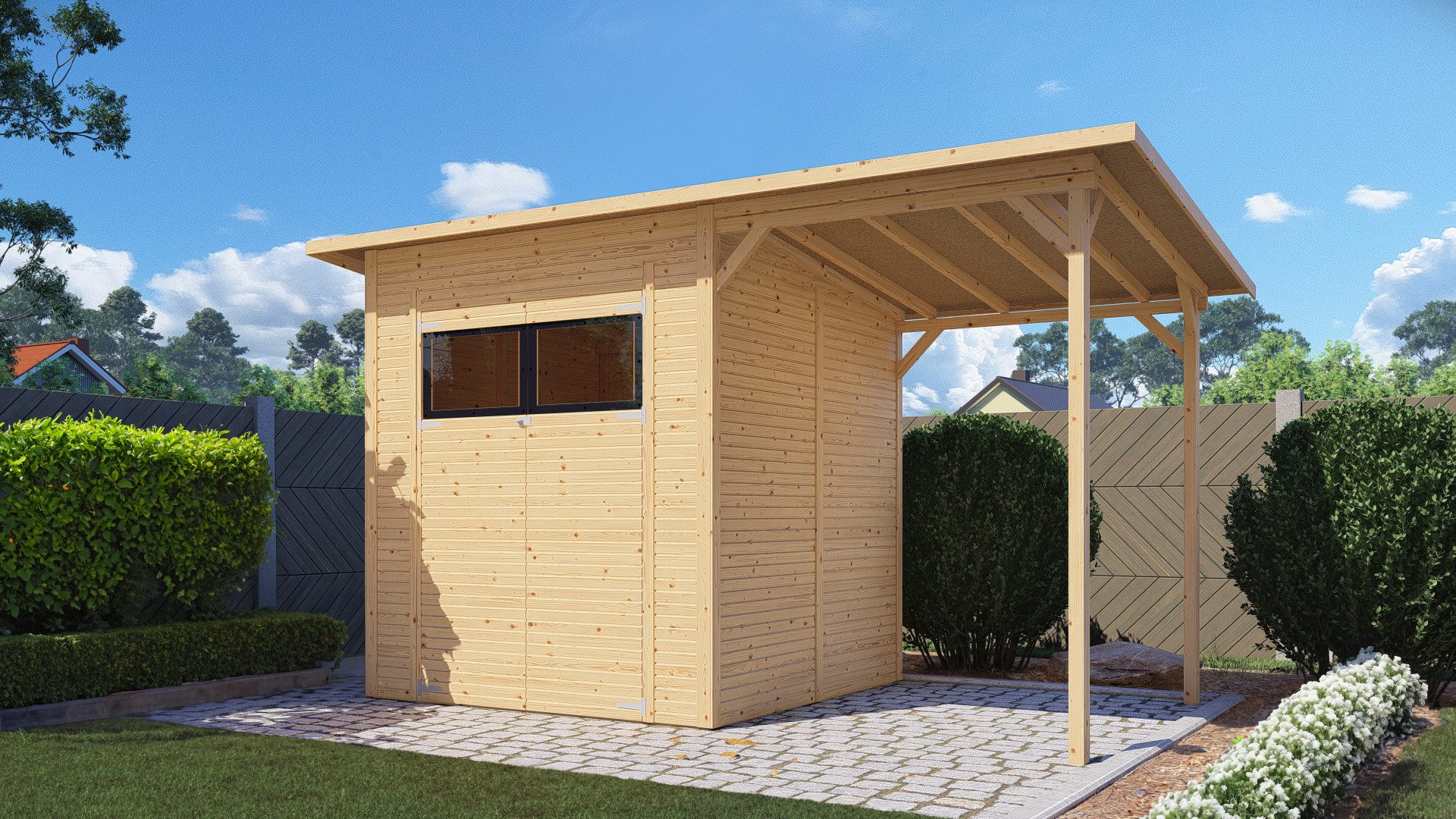 BERTILO Gartenhaus Pent Modern 3 Plus naturbelassen, BxT: 418x232 cm, mit hohen Seitenwänden und einer 1,88 m hohen Doppeltür