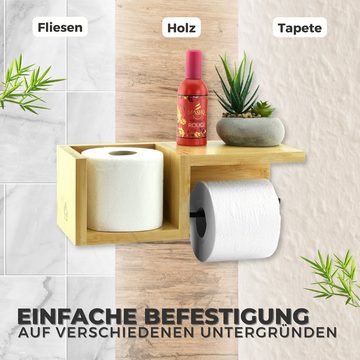 Felino Toilettenpapierhalter Klopapierhalter Halterung aus Holz OHNE Bohren mit Ablage (1-St., inkl. Schrauben & Klebepads), 100% Echtholz