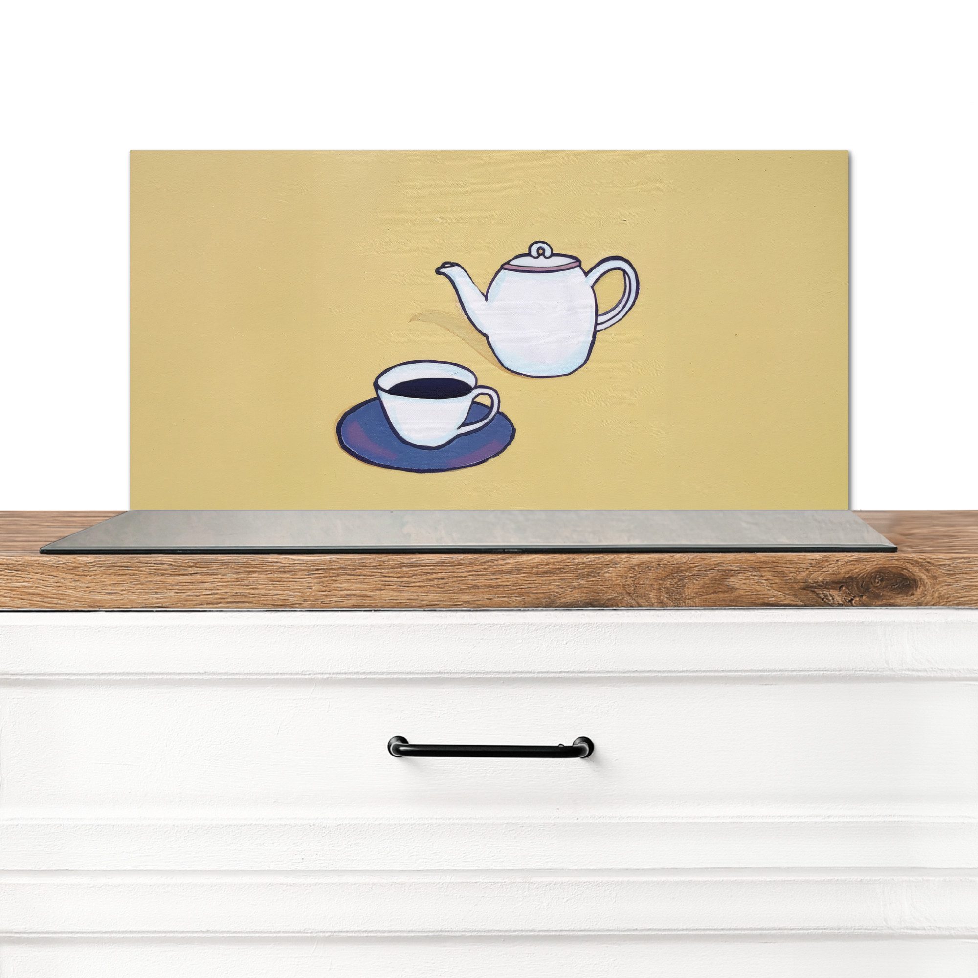 KitchenYeah Küchenrückwand Teekanne - Tasse - Beige - Illustration, (1-tlg), Spritzschutz Küchenrückwand, Wandschutz, 60x30 cm