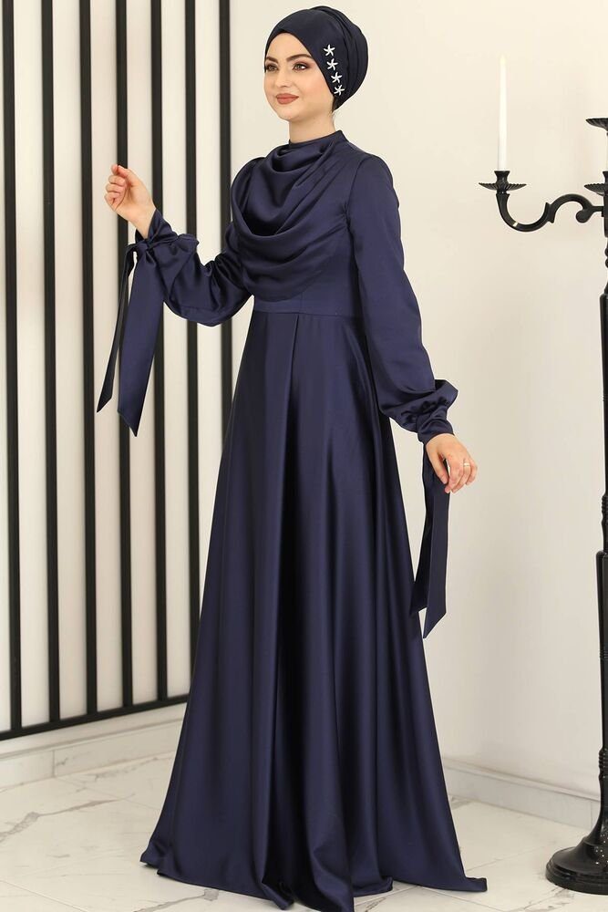 Modavitrini Satinkleid Damen Abendkleid Hijab Kleid Abiye Abaya Modest Fashion Blau