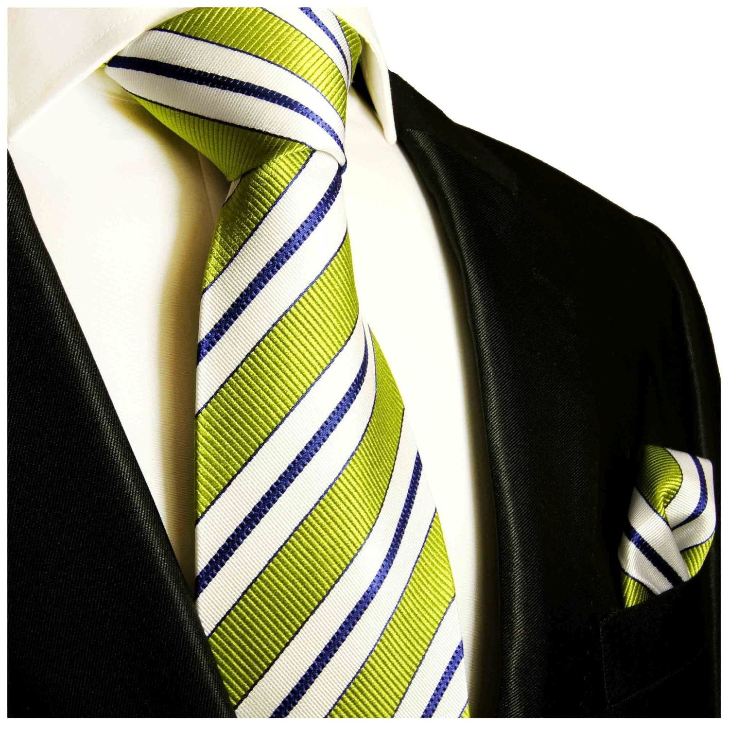 Paul Malone Krawatte Herren Seidenkrawatte mit Tuch modern gestreift 100% Seide (Set, 2-St., Krawatte mit Einstecktuch) Breit (8cm), Extra lang (165cm), grün 103