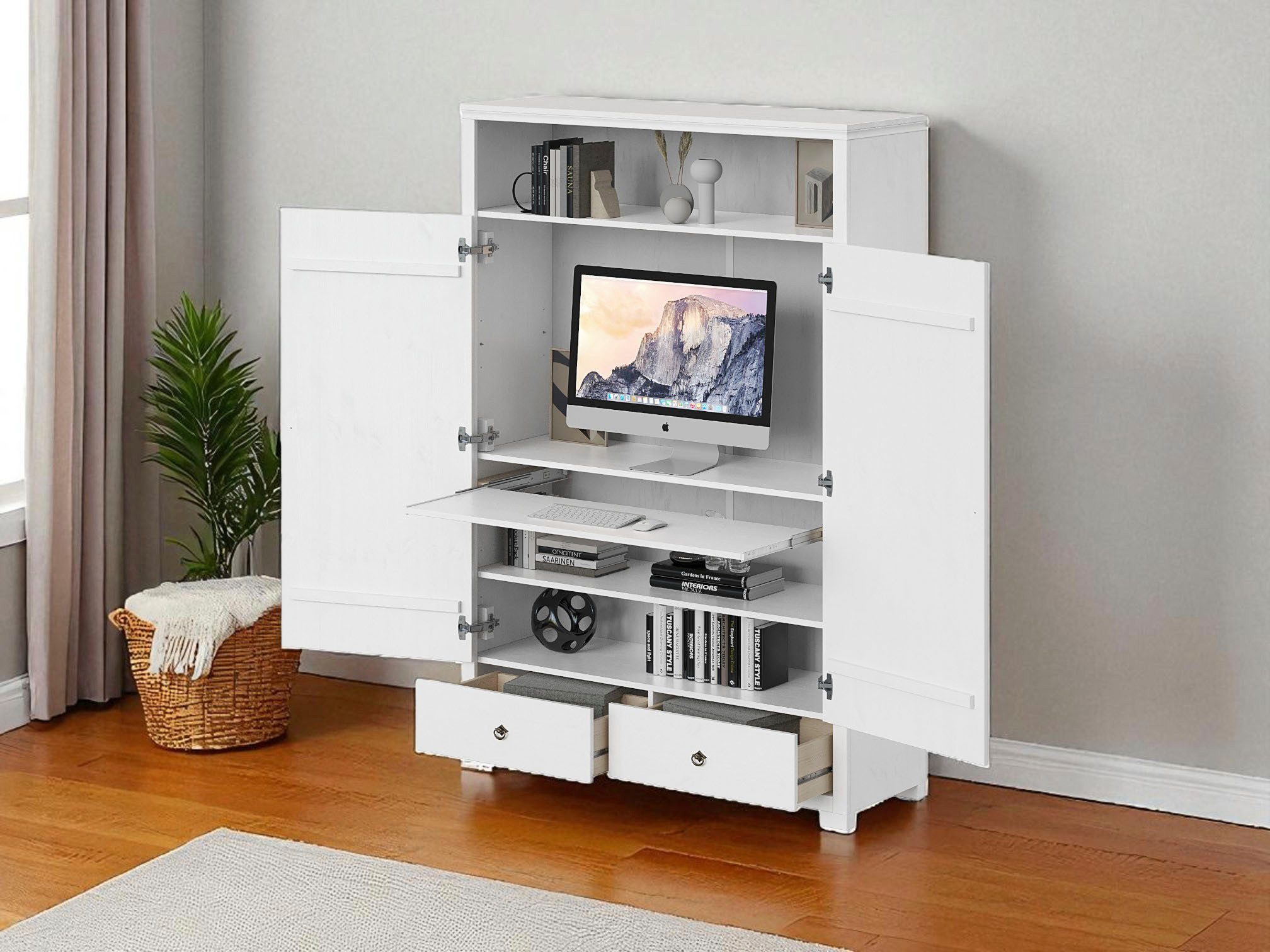 OTTO home Wäscheschrank Gotland! Home Office Schrank, Mehrzweckschrank, Büroschrank (H/B/T ca. 180/125/40cm) mit Ausziehregal, Schublade, stabil + langlebig, Massivholz made in EU