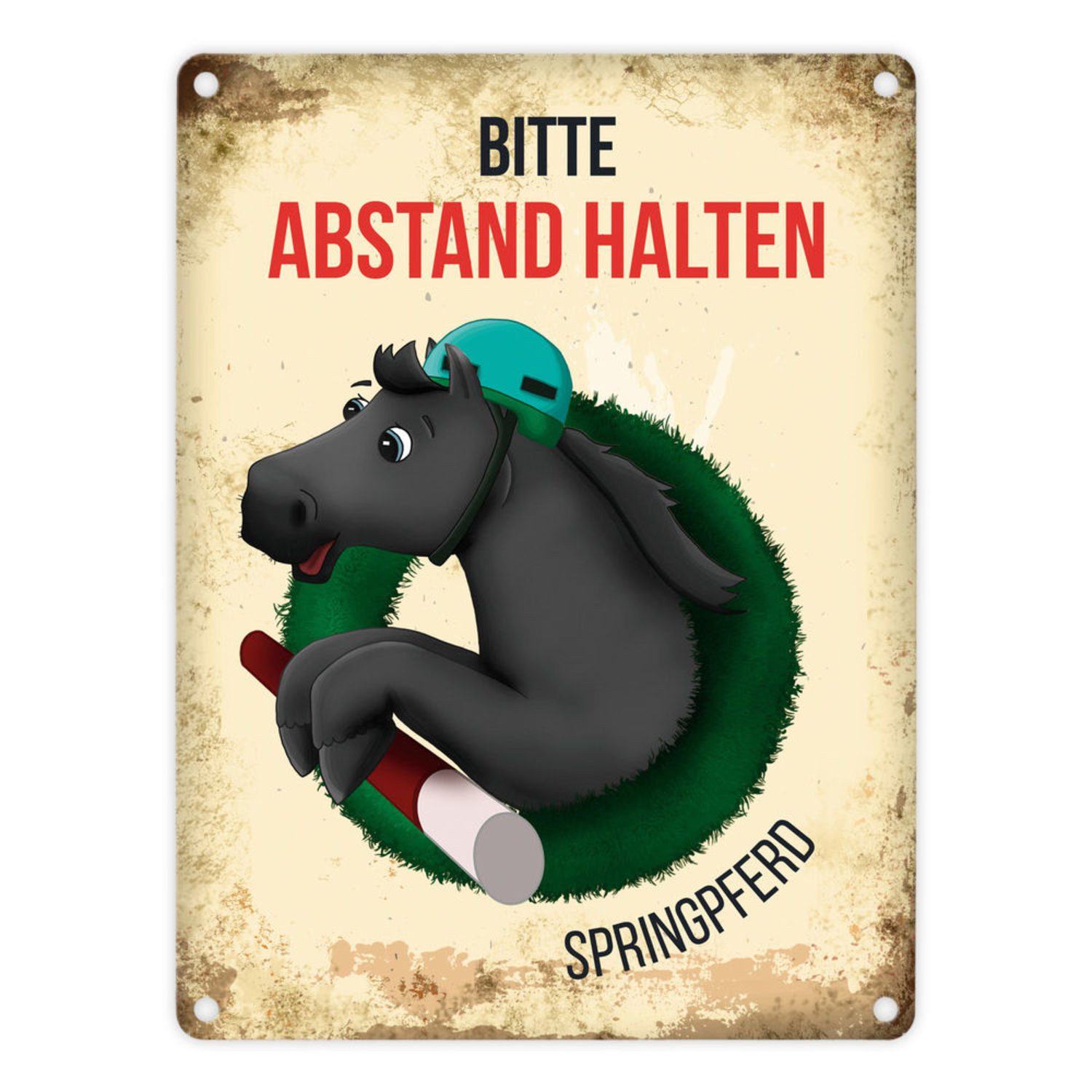 Metallschild Metallschild mit schwarzem Pferde Motiv und Spruch: Bitte Abstand