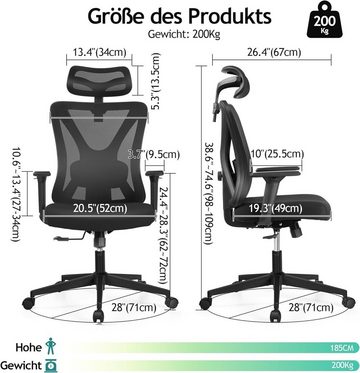 KERDOM Bürostuhl (Bürostuhl ergonomisch: Schreibtischstuhl mit verstellbarem Sitz), Bürostuhl Ergonomischer Schreibtischstuhl mit Verstellbarer Kopfstütze