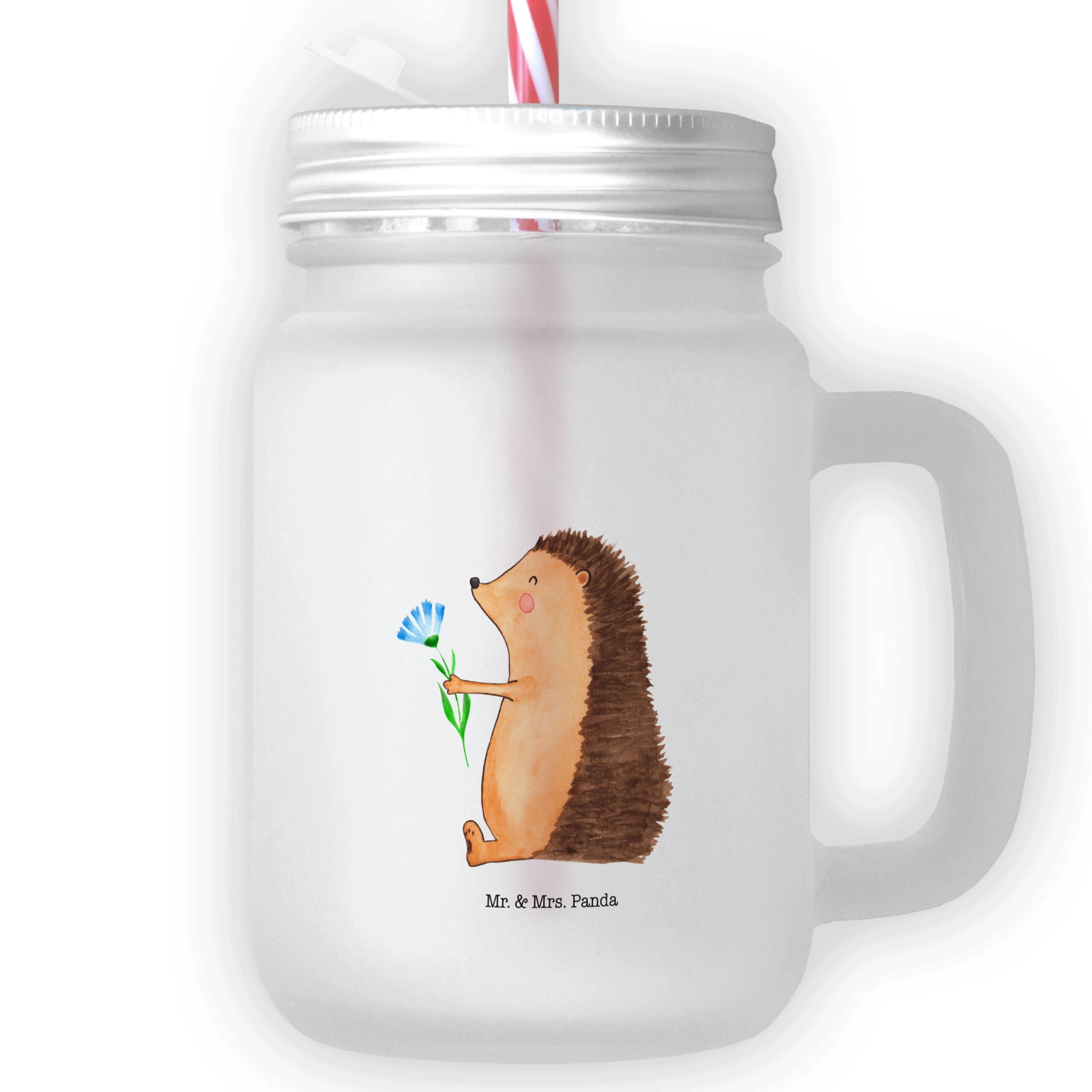 Mr. & Mrs. Panda Cocktailglas Igel Blumen, Trinkglas Mason Jar, Transparent, Lustige Sprüche, krank, 1-tlg., Premium Glas