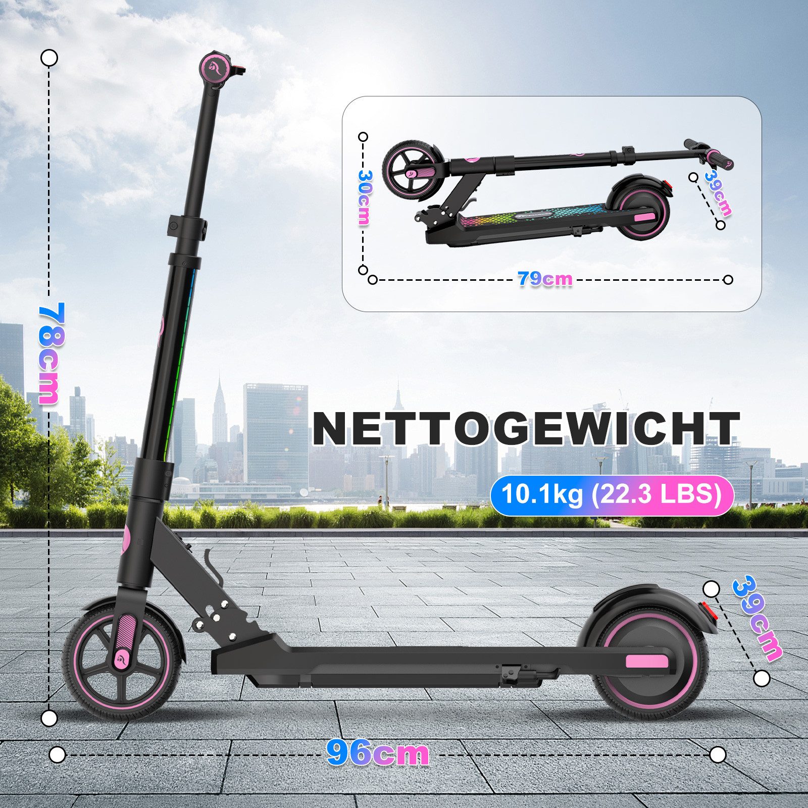 EVERCROSS TECH Elektro-Kinderroller EV06C 6.5'' Faltbarer E Scooter für Kinder 6-12 Jahren, bis zu 8 km, max 15KM/H, LED Display, Bunte Leuchten